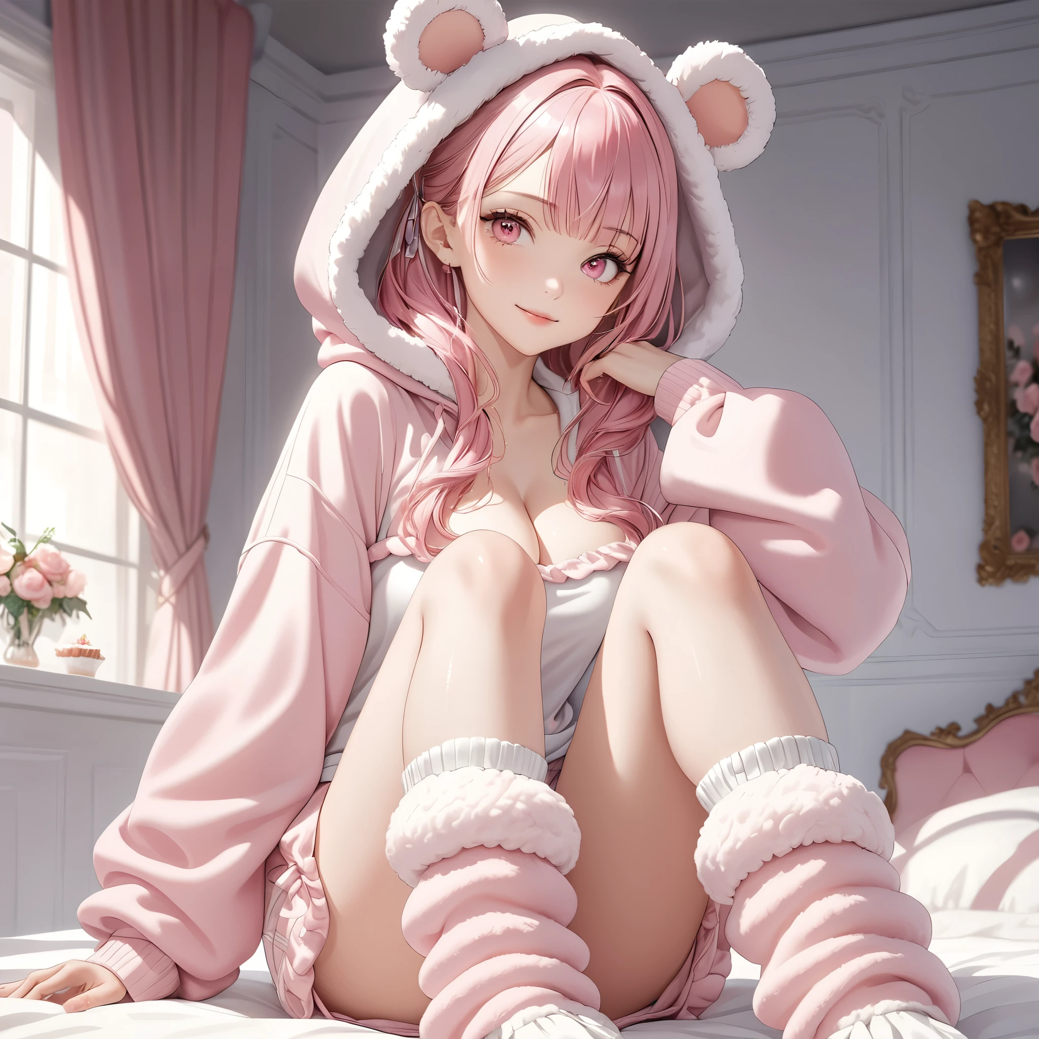 (8K, masutepiece, Best Quality, Official art, beautiful detailed, beautiful lighting, best masterpiece in history that exceeds limits), (1 Girl, Solo), (sixteen years old), (beautiful detailed face), (shiny white skin), (Beautiful big bust, cleavage:1.3), (beautiful detailed pink hair, Bangs, ribbon:1.3), (beautiful detailed drooping pink eyes:1.5), (gelato pique room wears, winter warm room wears, pastel pink fluffy warm brushed wool hoodie, fluffy animal ears pastel pink hood, loose long sleeves, overly long sleeves, pastel pink fluffy warm brushed wool shorts:1.3), (knees up, thighs, pastel pink fluffy loose socks:1.5), (happy smile:1.2), (Attractive, sensational, looking at viewer, cute pose), (no backgroun, simple white plain background:1.5),