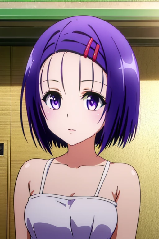 Haruna Sairenji, girl、 one girl 、Hair Accessories, Hair Clip, (Purple eyes:1.1), Purple Hair, short hair, Swept-apart bangs, (forehead:1.2),Best Quality,nude,nsfw,