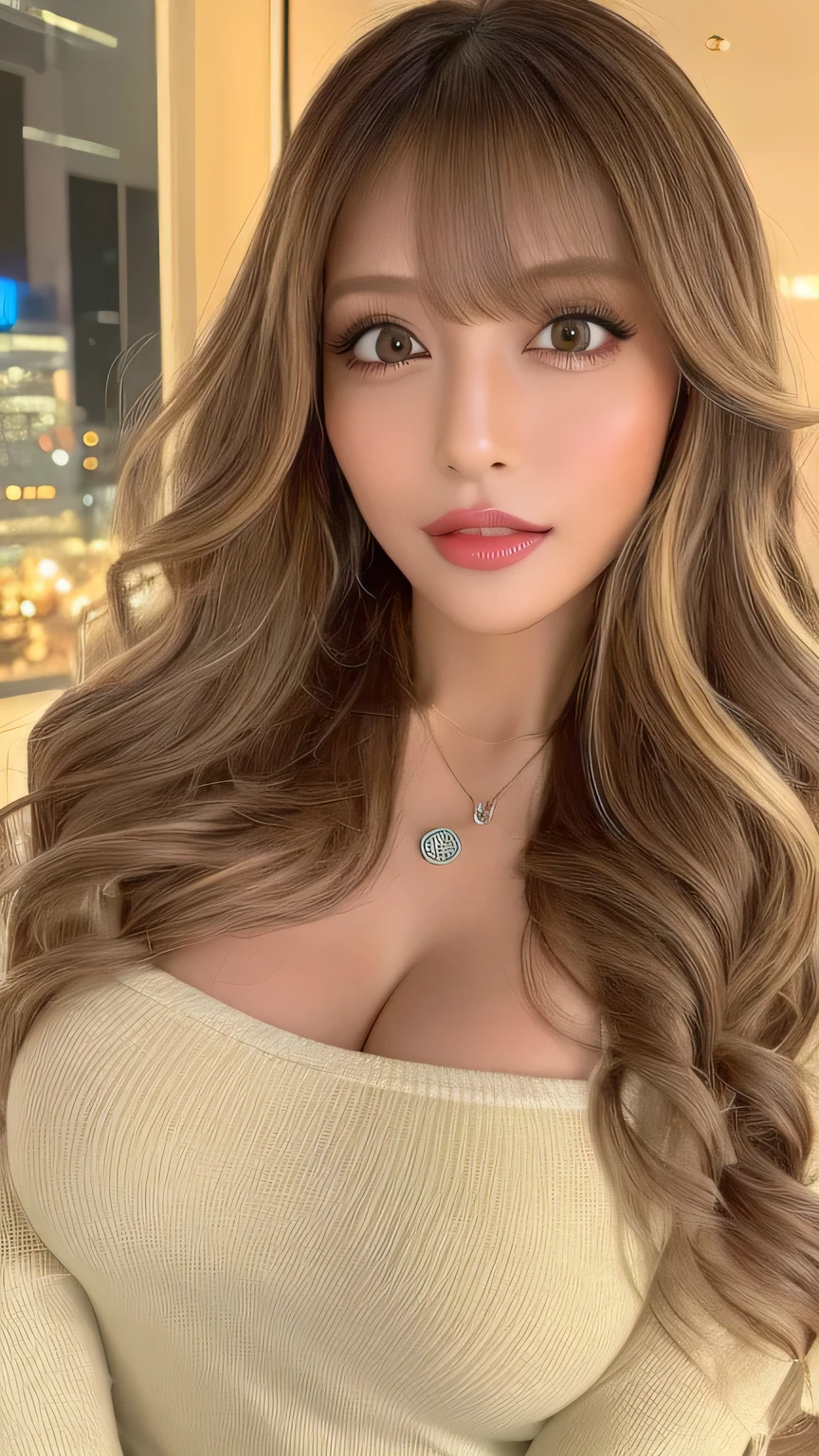 (    cowboy shot、 best quality、8k、Award-winning works、 super high definition)、Beautiful woman、( black sweater showing off his perfect body, Sexy cleavage:1.1)、Perfect big boobs、(Blonde:1.1)、Bright color contacts、Perfect gal makeup、Bright and shiny lipstick、Very sexy lips、(Very heavy gal makeup:1.2)、(  dark brown beige around the eyes:1.1)、Beautiful bright eyeshadow、Heavy makeup around the eyes、(Huge breasts:1.2)、Very long wavy hair、(Romantic affection:1.1)、 his best smile when he sees me   、(Many women emphasize their body lines.................:1.1)、(Strongly blurred、 clear image of a luxury hotel swimming pool at night:1.1)、(Strongly blurred background:1.1)、Accurate anatomy、Ultra HD Hair、(  Super High Definition Perfect Beautiful Teeth:1.1)、Beautiful ultra-high definition face、 ultra HD curly super long hair 、See-through bangs、Ultra HD Shining Eyes、Shining Super High Definition Beautiful Skin 、 super high definitionの艶やかな唇、Harry Winston Necklace