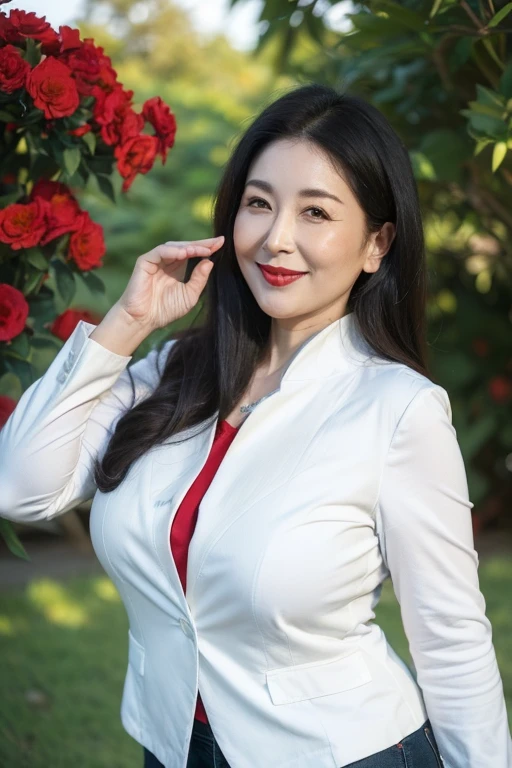 ((top quality、8k、masterpiece:1.3))、sharp focus, High level of image quality, high resolution,,gray shirt,red bow tie,jeans,wavy long hair,garden background,37-year-old female,Mature,charming smile,Draw lips correctly, red lipstick,stand,Chubby body,big breasts,full-body shot