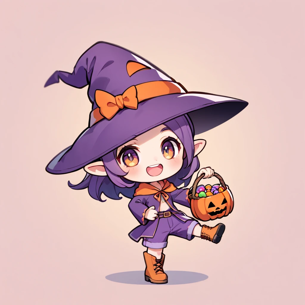 Avatar Style, ultra-small deformation, Chibi Cute, 1 feminine Elf, Feminine face, solo, full body, He is wearing a Halloween costume, shorts, boots, Holding a candy basket, A Halloween witch hat, smile with open mouth, simple background