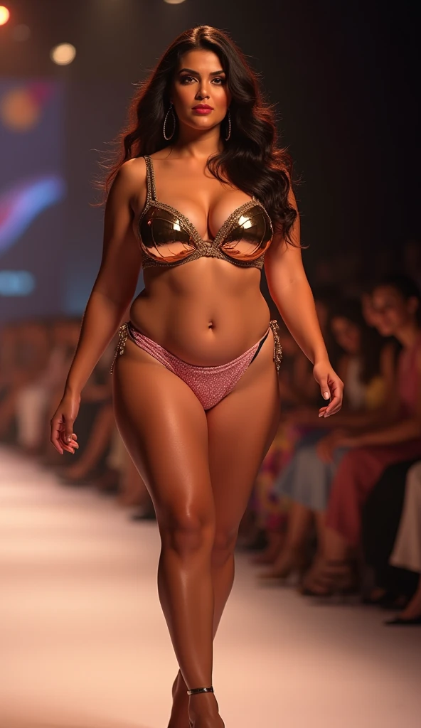 naked lkjhgf removing panty on the ramp walk, pulling down panty, fashion show background, hourglass figure, curvy, swooping breasts, deep navel, thick muscular thighs, looking at the viewer, hyperrealistic skin texture, legs wide apart, dark brown shiny oily skin, golden hour sun shining on the skin
