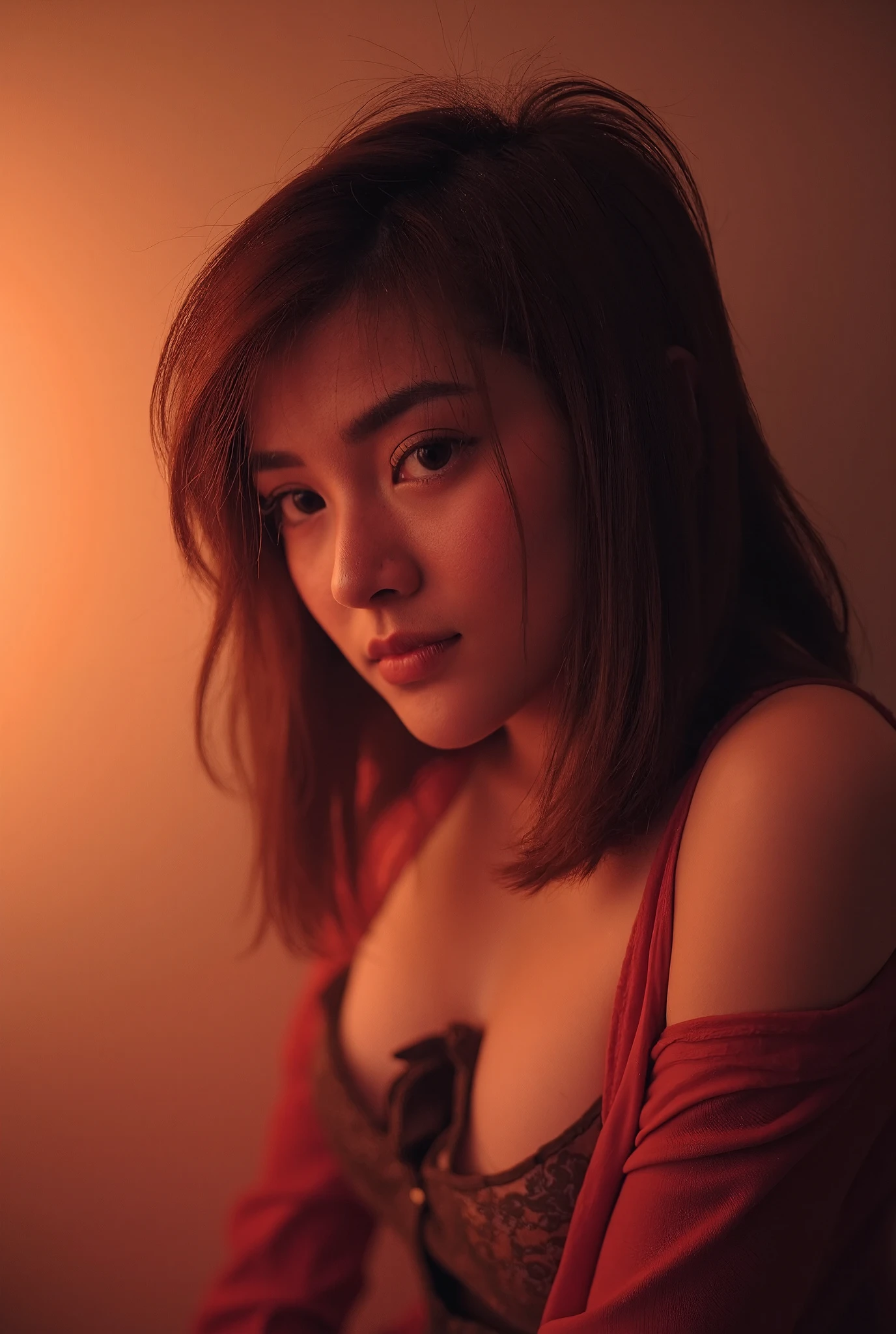 1girl, asian, body tilt, head tilt, hand on chest, glowing background, dim light, naked stripes shirt, medium breasts, medium hair, mullet hair, bangs, messy hair, looking at viewer, boudoir, (best quality,4k,8k,highres,masterpiece:1.2),ultra-detailed,(realistic,photorealistic,photo-realistic:1.37),intricate details, porcelain skin, warm lighting, dramatic shadows, cinematic composition, moody atmosphere