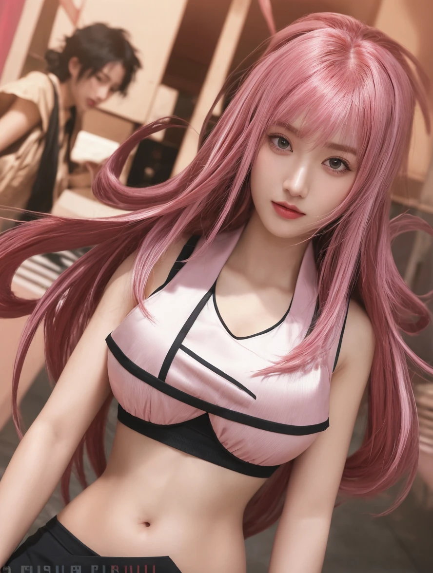 best quality, (on the table: 1.2), detailed, perfect face, pretty face, 1 girl in, pink hair,headgear,long hair,purple eyes,shorts, yes, panty shot,, floor, best quality, Very detailed , Turn your back to the audience, , (from below: 1.3),Huge butt facing the audience,hip view