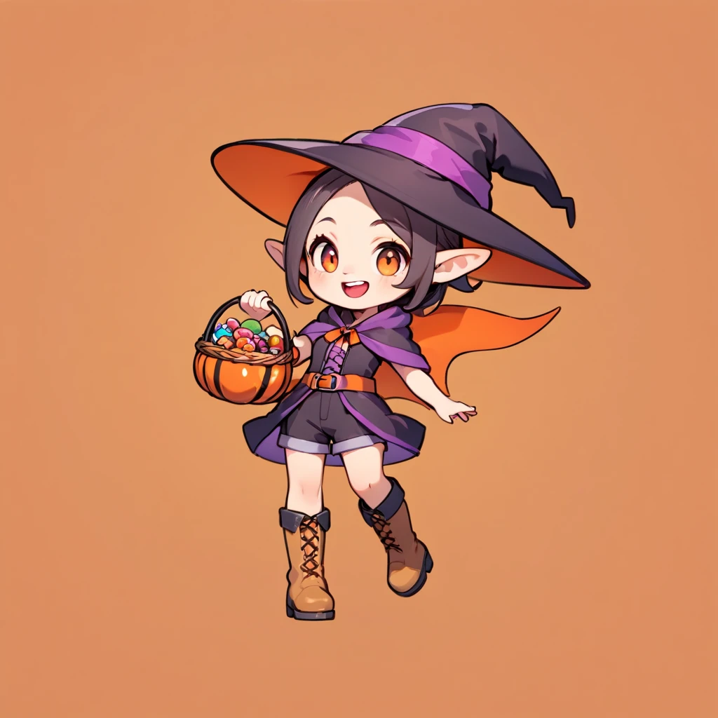 Avatar Style, ultra-small deformation, Chibi Cute, 1 feminine Elf, Feminine face, solo, full body, He is wearing a Halloween costume, shorts, boots, Holding a candy basket, A Halloween witch hat, smile with open mouth, Double teeth, simple background