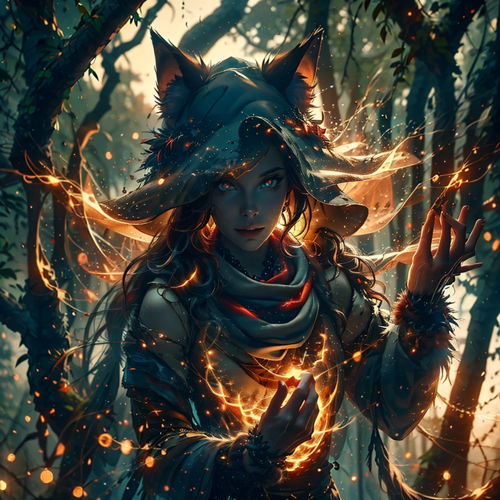 [Better quality, shaded, extreme details, very detailed, ultra detailed, complex, realistic, perfect face], 1 woman, anthropomorphic woman, wolf woman, thick fur, tuffu hair, tuffed tail (flamboyant red fur), eyes In almond, discreet smile, serene face, carries a fur scarf around her neck, she wears a hat on her head, summer clothing, magic clothing with magic particle