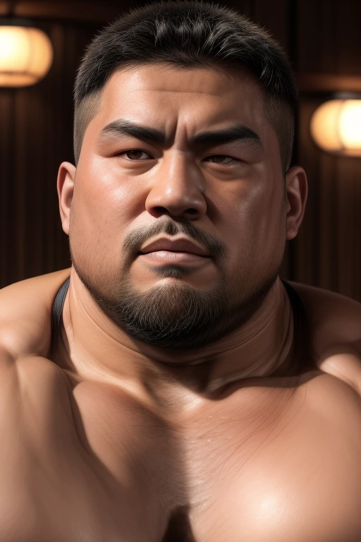 A chubby musclebear man, Japanese, (7 daddy:1.1), 1 man, Solo, (wearing a white japanese fundoshi), (big shoulders), musculature, strong physique, hairy, chubby and stout, stubbles, (Detailed body), realistic eyes, glasses, deadpan, looking at viewer, deadpan, lighting, (Best quality, A high resolution, Photorealistic), Cinematic lighting, Masterpiece, RAW photo, Intricate details, hdr, depth of field,, (realistic:1.4), (from the front), Super huge genital bulging area like a basketball, Super very short grey hair, Very short grey goatee, many big Halloween pumpkins, 