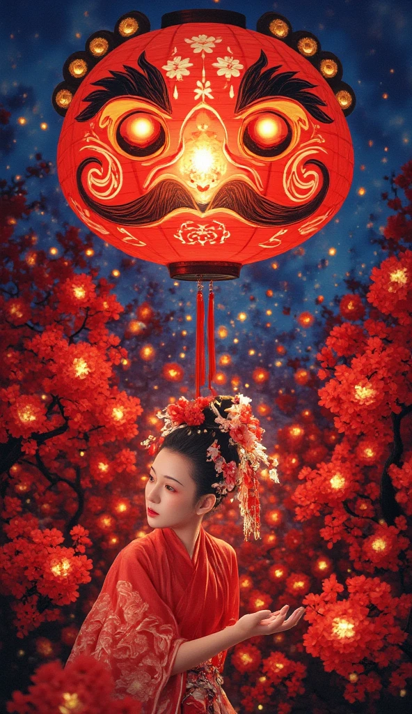 Large Peking Opera facial mask pattern background,simple atmosphere,funny pumpkin lantern carved lion headdress dress up,Chinese beautiful girl,cute and cute,girl Peking Opera facial makeup style,naughty and funny posture,small gourd waist hanging around the waist,small gourd waist showing auspicious clouds and thunder lines outline the "福" word carving,luminous particles,flowing light and shadow,movie feature,texture panorama,masterpiece,depth of field,ultra high definition,extreme detail,visual blockbuster,global illumination,