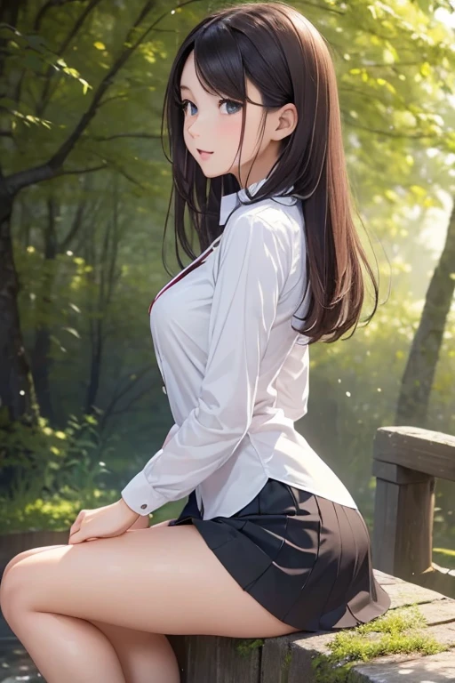 Sweat and wet body, under the rain in summer, sweater unbuttoned completely open, blouse translucent from the rain, sitting cross-legged on a bench in the garden of a school, a stunningly beautiful sexy schoolgirl, 17 years old, perverted and lustful in a sensual pose, /(Big chest, perfect and detailed hands, fine fingers, perfect and highly detailed eyes, perfect face, perfect and athletic body,), /(thick jet black straight hair combed in a ponytail, triangular face, perfect chestnut eyes, shapely legs, hourglass body, medium hips, small waist), /(school uniform: V-neck white blouse, white miniskirt, dark grey socks,) extremely detailed light hazel eyes, detailed symmetric realistic face, extremely detailed natural skin texture, peach fuzz, masterpiece, absurdres, nikon d850 film stock photograph, kodak portra 400 camera f1.6 lens, extremely detailed, amazing, fine detail, rich colors, hyper realistic lifelike texture, dramatic lighting, unrealengine, cinestill 800 tungsten, looking at the viewer, photo realistic, raw photo, high quality, highres, sharp focus, extremely detailed, cinematic lighting, 8k uhd