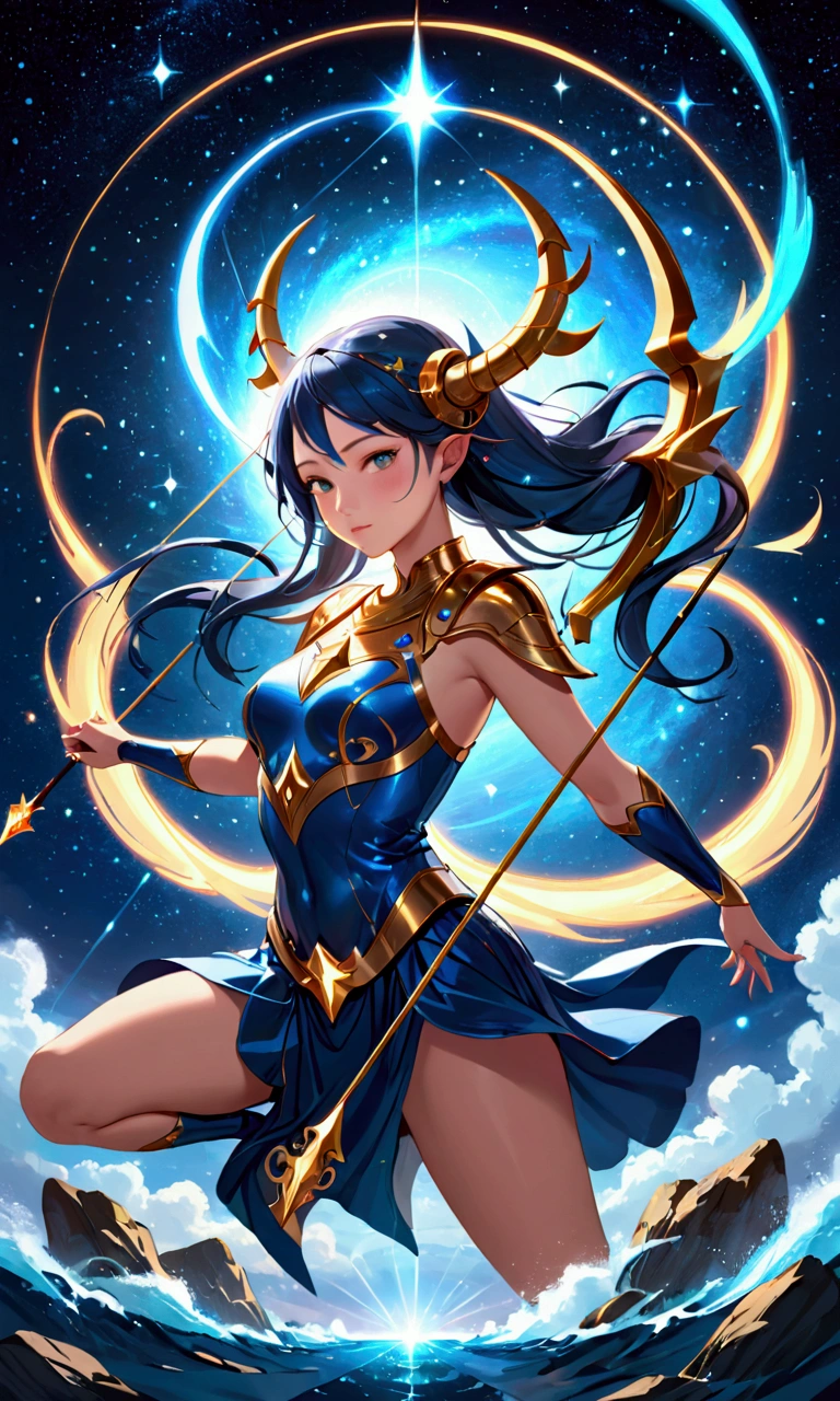 ((Finest quality)),(超A high resolution),(ultra-detailliert),((Best Anime)),sharpnes,vivid:1.1,Fantasy art with astounding depictions,Dense and detailed blue moon:1.6,grass field, ((goddess of the moon),Hold your bow and arrow towards the sky:1.5)