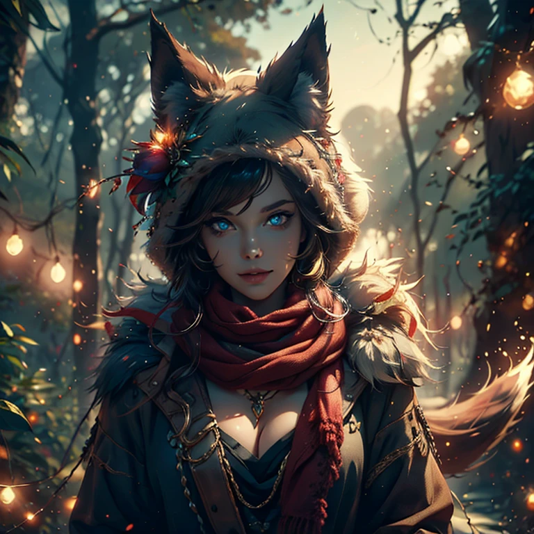 [Better quality, shaded, extreme details, very detailed, ultra detailed, complex, realistic, perfect face], 1 woman, anthropomorphic woman, wolf woman, thick fur, tuffu hair, tuffed tail (flamboyant red fur), eyes In almond, discreet smile, serene face, carries a fur scarf around her neck, she wears a hat on her head, summer clothing, magic clothing with magic particle