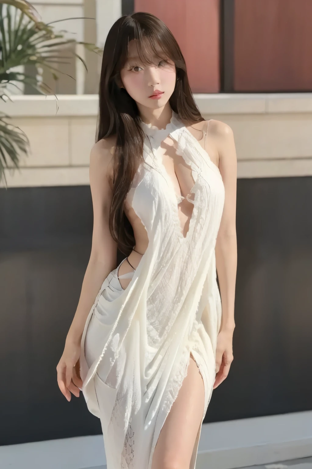 Beautiful woman with perfect body：1.4，Layered Hairstyle， Highly Detailed Facial and Skin Textures，Double eyelids，Skin Whitening，Long hair，Whitening long legs，Sexy lace，Standing on the street