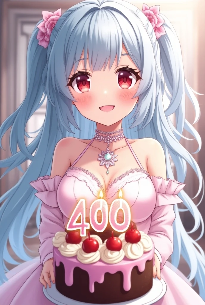 card, sexy waifu, long silver hair, green eyes, anime style. Busty, cute outfit, with the words "happy birthday"
