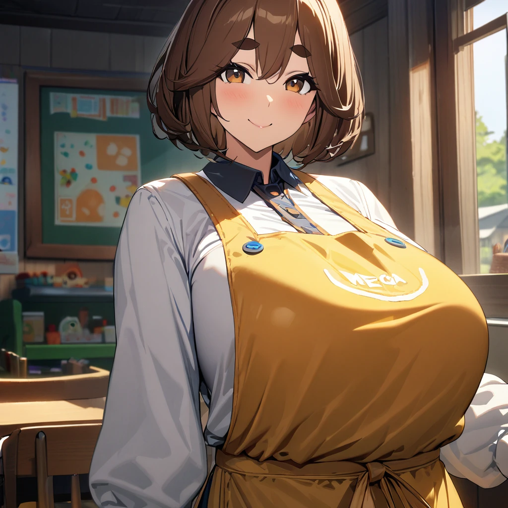 1girl,solo,brown hair color,short hair,brown eyes color,bushy eyebrows,Plain white garment with long sleeves and a layered yellow apron,mega huge breasts,smile,looking at viewer,in nursery school,UHD,High Resolution,master piece,Best Quality,High Quality,super Details