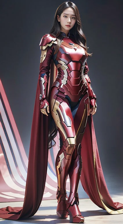 Full Body Photo. Studio Background. 8k HD good quality image. Hot Korean woman has an ideal body, big breast, big butt, sexy wavy body, straight long hair, wearing a pink Iron Man armor without the helmet. FULL BODY FROM HEAD TO TOE. Standing in a FULL HEIGHT FROM HEAD TO TOE. 

The picture must show a complete head to toe picture of the hot Korean