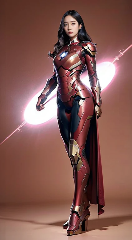 Full Body Photo. Studio Background. 8k HD good quality image. Hot Korean woman has an ideal body, big breast, big butt, sexy wavy body, straight long hair, wearing a pink Iron Man armor without the helmet. FULL BODY FROM HEAD TO TOE. Standing in a FULL HEIGHT FROM HEAD TO TOE. 

The picture must show a complete head to toe picture of the hot Korean