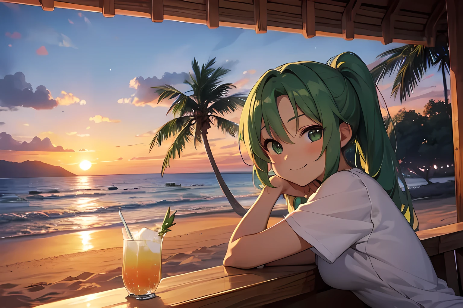 bar, (ビーチbar), Mion Sonozaki, green eyes, ponytail, Sunset sky, White sand beach, sea breeze, Tropical Drinks, rough casual style , Palm Tree, Relaxed Atmosphere