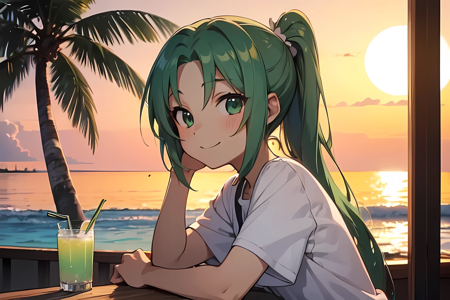 bar, (ビーチbar), Mion Sonozaki, green eyes, ponytail, Sunset sky, White sand beach, sea breeze, Tropical Drinks, rough casual style , Palm Tree, Relaxed Atmosphere