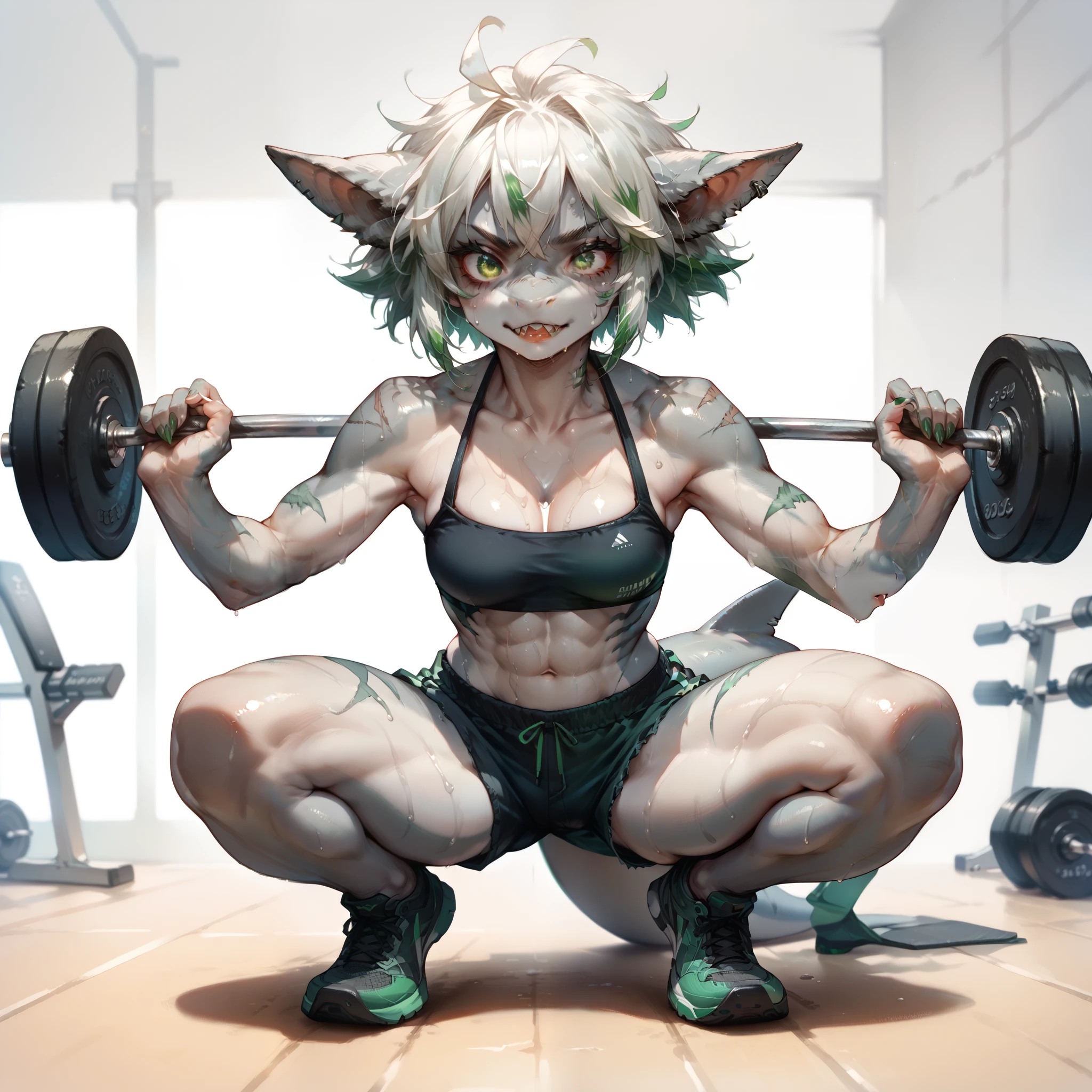 Score_9, score_8, score_7, source_anime, Anthro, jade, Anthro shark, grey skin, Slender body, white hair with green ends, green eyes, wearing a black bandeau and a shorts, squat pose, gym,Barbell,GYM WEIGHTS, exercises for lifting barbells, SWEAT,SWEATING DROPPING, front view, DEEP OF FIELD,weightlifting 