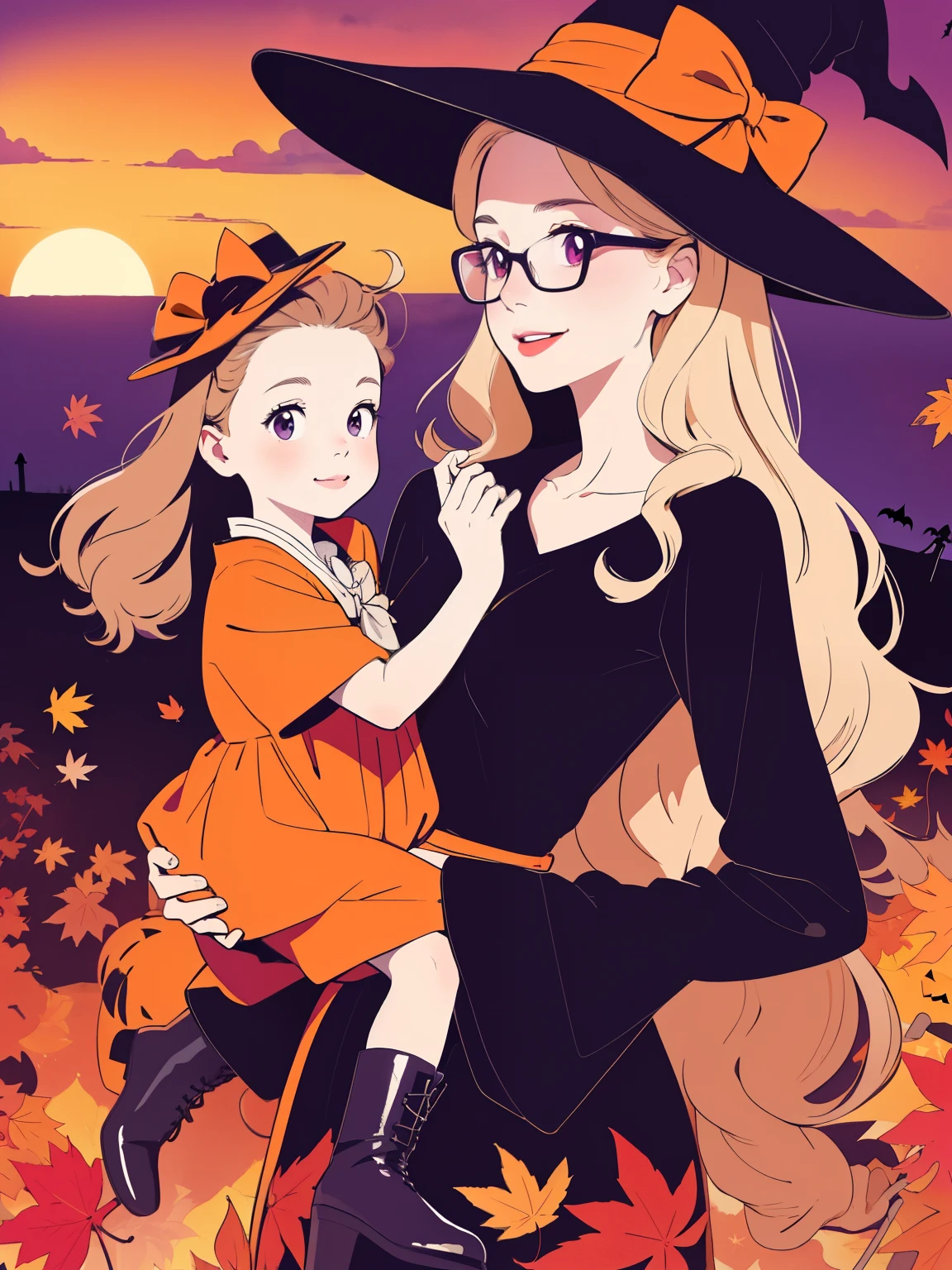 (Superflat,  flat shading,  flat color ), (close)，Fisheye Lens:1.2， Cute young mother and her little daughter，Glasses，Very short stature， flat chest，Thin thighs，Small round ass， Halloween Costumes，Halloween Hats， trick or treat，Long Hair，boots，smile, smile, fun，play，autumn，autumnの紅葉，autumnの夕暮れ時，Beautiful sunset，bright, Wide angle，Vibrant colors，Lighthouse，watercolor, Ghibli style、Bats，Chestnut and Squirrel，Accurate and detailed female fingers:1.2，Girl&#39;s Temptation:1.3，
