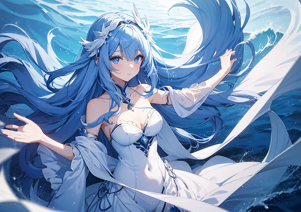 1个Giant Breast Girl,A high resolution, high qulity, tmasterpiece, mxmkWhiteDress, Bare shoulders, a purple eye, White dress, woven, impact, sea beach