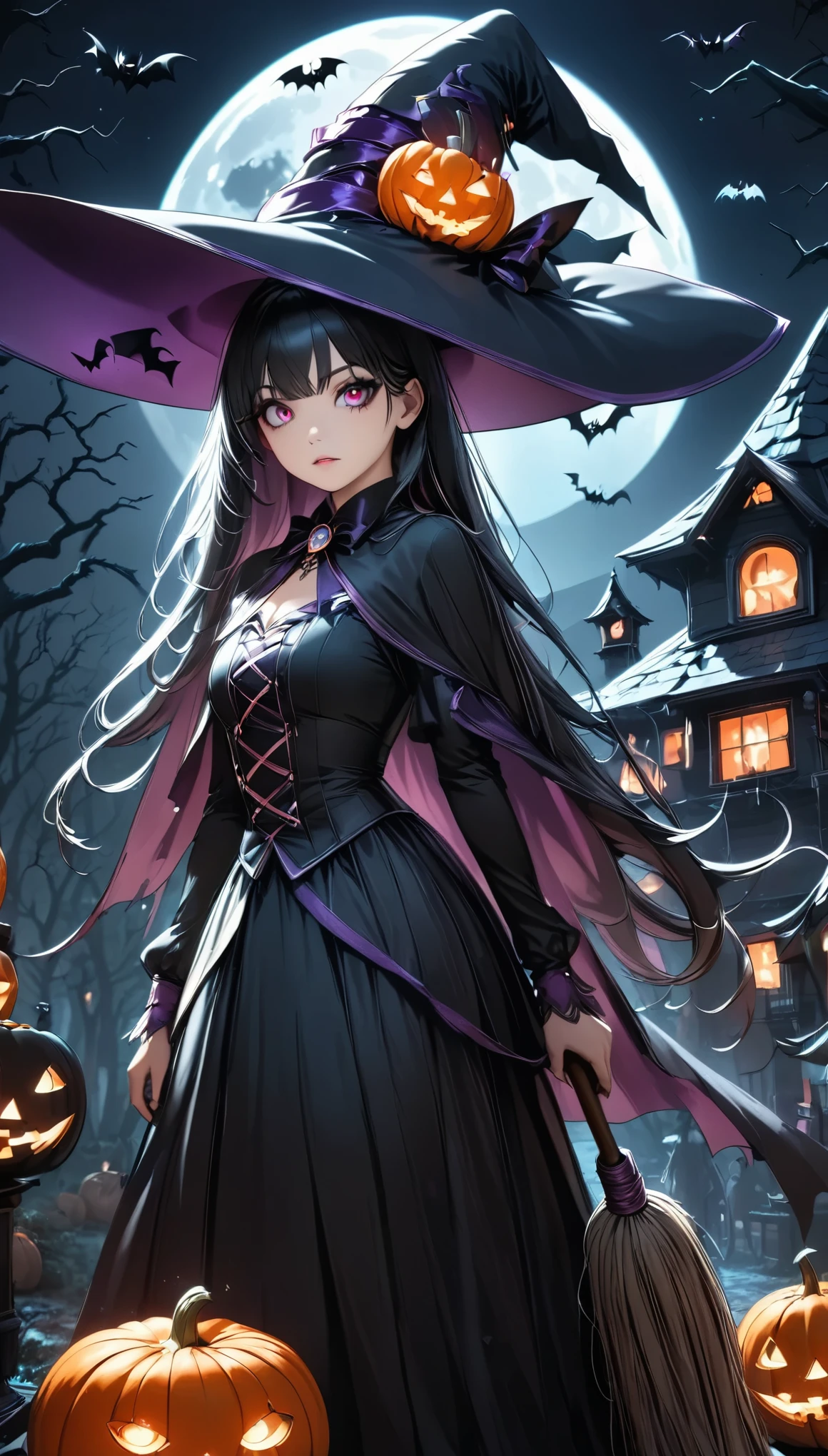 Halloween Witch, Long black hair, Sharp Eye, Detailed face, Witch Hat, broom, Cauldron, Pumpkin, Haunted House, full moon, Bats, Spooky Forest,  dark color, dramaticな照明, (Best Quality:1.2,  very detailed,  super high definition,  high contrast , masterpiece:1.2, Best aesthetics),  dark fantasy, Halloween, dramatic, dark moody color