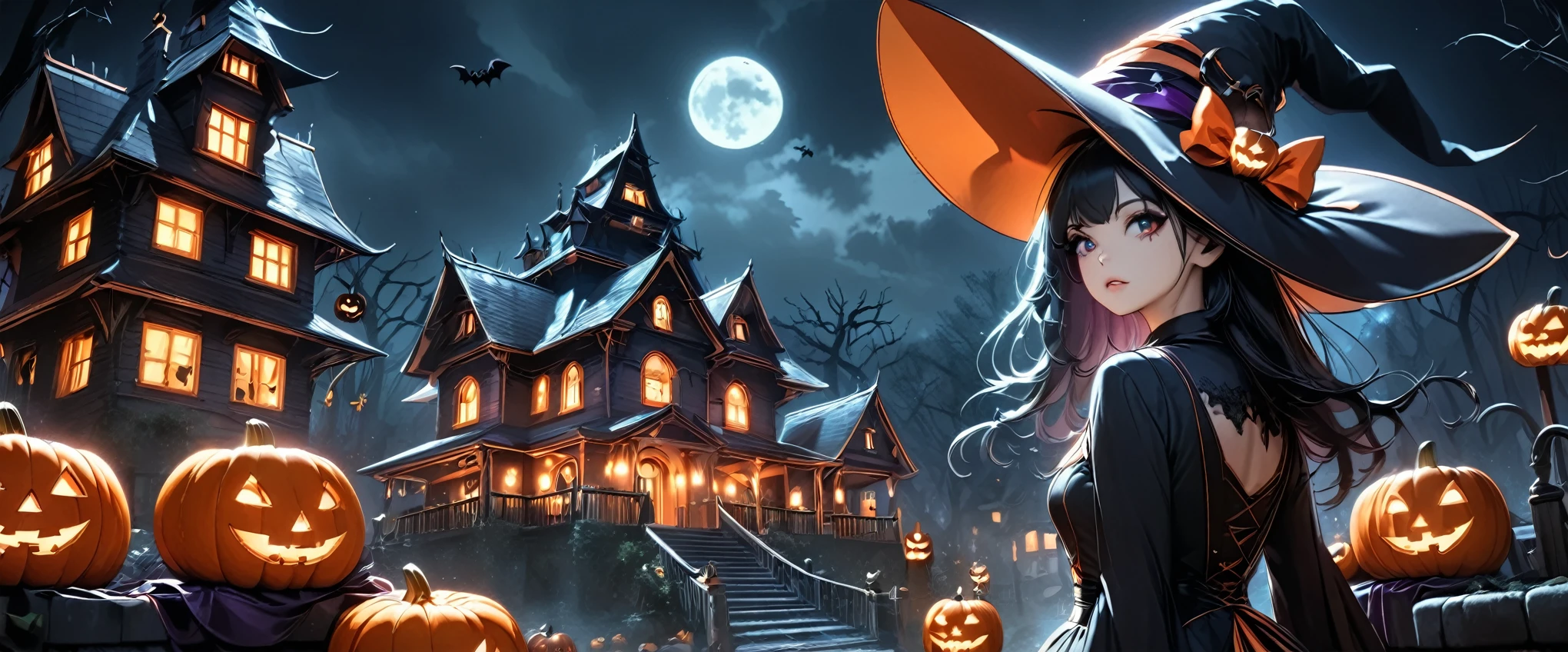 Halloween Witch, Long black hair, Sharp Eye, Detailed face, Witch Hat, Cauldron, Pumpkin, Haunted House, full moon, Bats, Spooky Forest,  dark color, dramaticな照明, (Best Quality:1.2,  very detailed,  super high definition,  high contrast , masterpiece:1.2, Best aesthetics),  dark fantasy, Halloween, dramatic, dark moody color