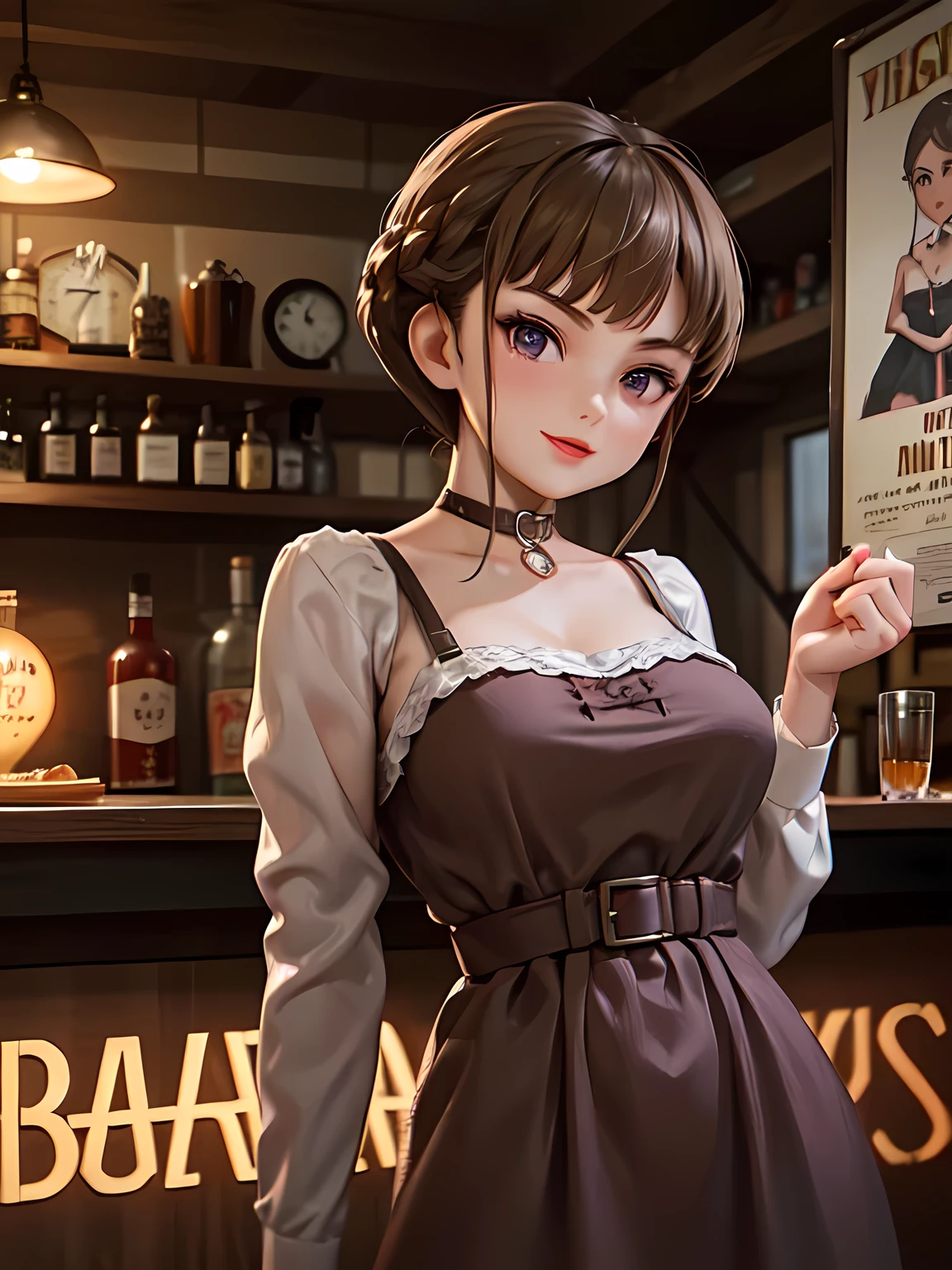 retro bar , Thank You, short hair, braided hair, brown hair, violet eyes, Wooden counter, Rosy Lights ,  Woman in Vintage Dress,  soft lighting ,  Old-fashioned Posters ,  Old Jukebox ,  Antique,  Warm Atmosphere 