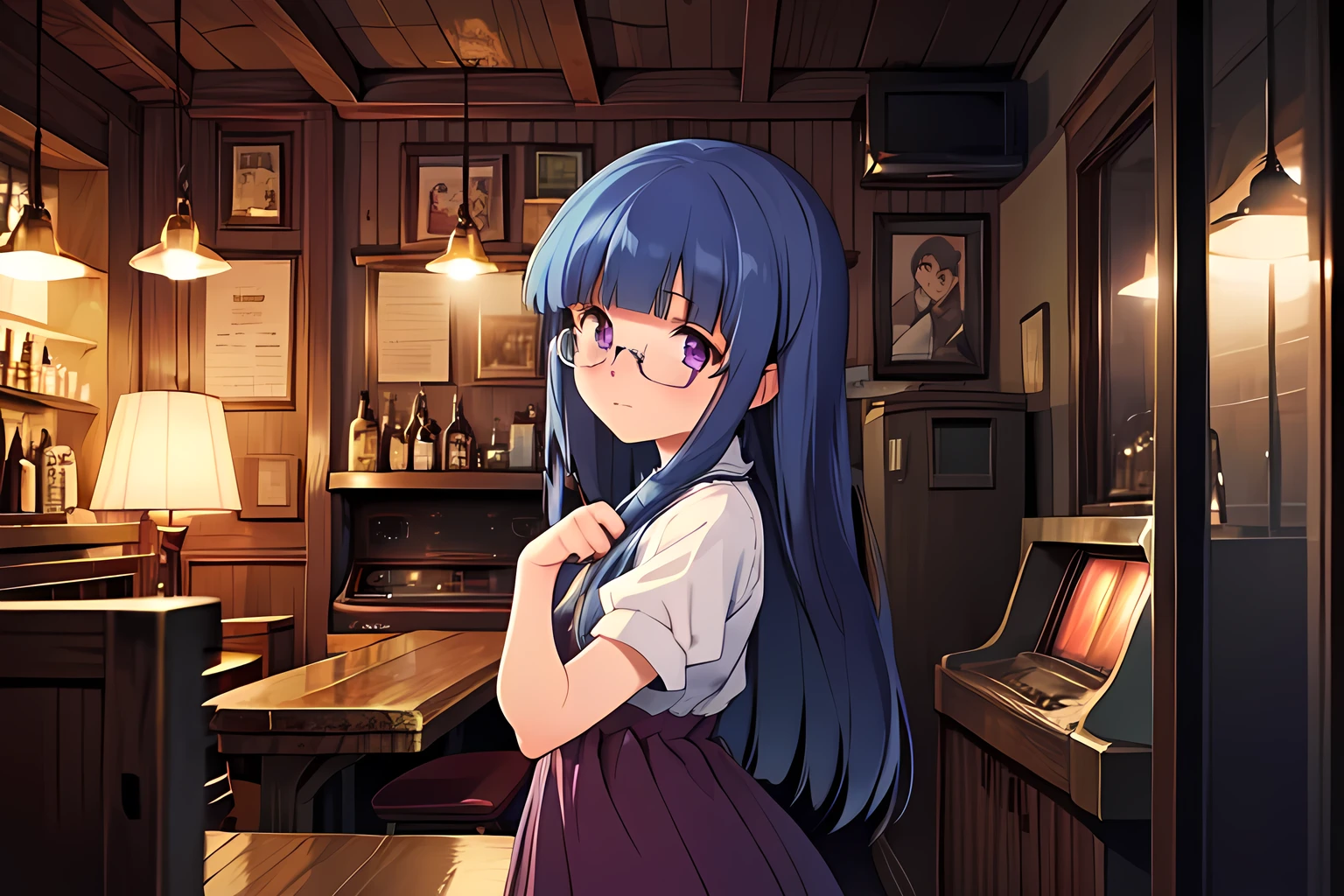 retro bar , Furude Rika, Blue Hair,  purple eyes, Long Hair, blunt bangs, bangs, Wooden counter, Rosy Lights ,  Woman in Vintage Dress,  soft lighting ,  Old-fashioned Posters ,  Old Jukebox ,  Antique Glasses ,  Warm Atmosphere 