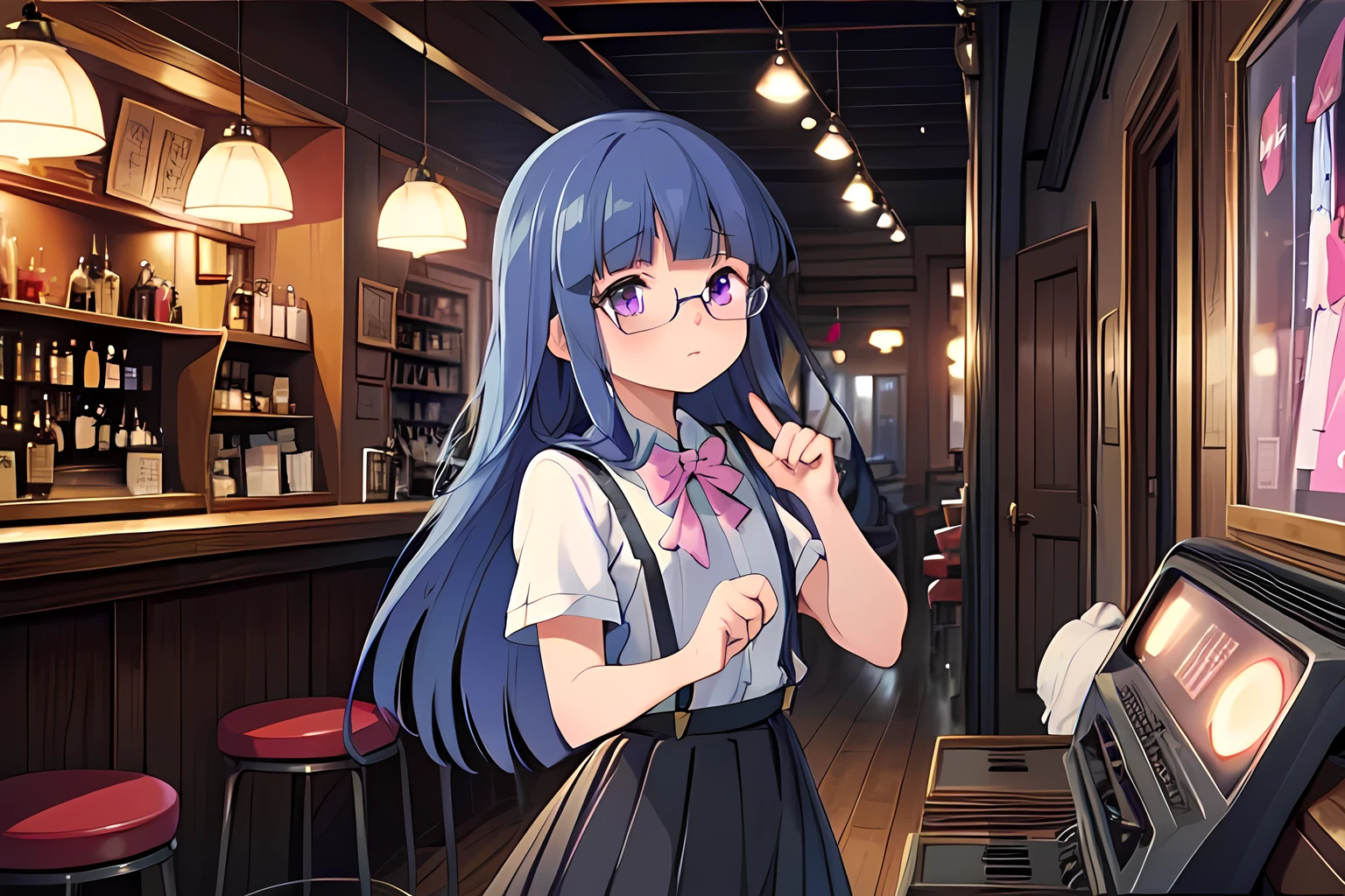 retro bar , Furude Rika, Blue Hair,  purple eyes, Long Hair, blunt bangs, bangs,  white shirt, Pink Ribbon, suspenders,  Black Skirt , Wooden counter, Rosy Lights , woman,  soft lighting ,  Old-fashioned Posters ,  Old Jukebox ,  Antique Glasses ,  Warm Atmosphere 