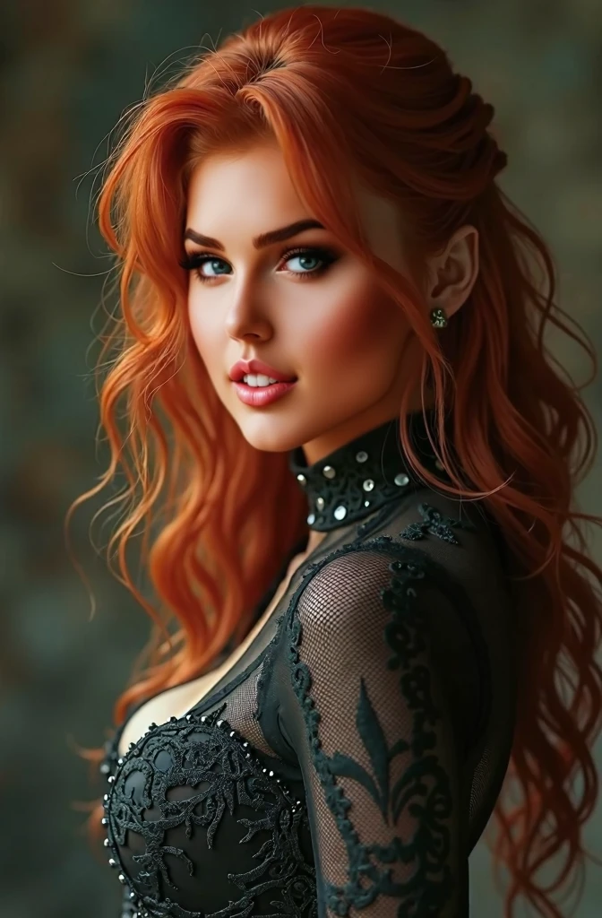 extreme close-up portrait, ultra realistic, photography, long straight red hair, (30 years old, hourglass figure, perfect body, natural medium breasts), Long eye lashes, seductive eyes, Award Winning Glamour Photograph extremely detailed award winning glamour photograph, front lit, HDR, she wears a black strap-less push-up bra, she has a flirty look and her lips are slightly parted,