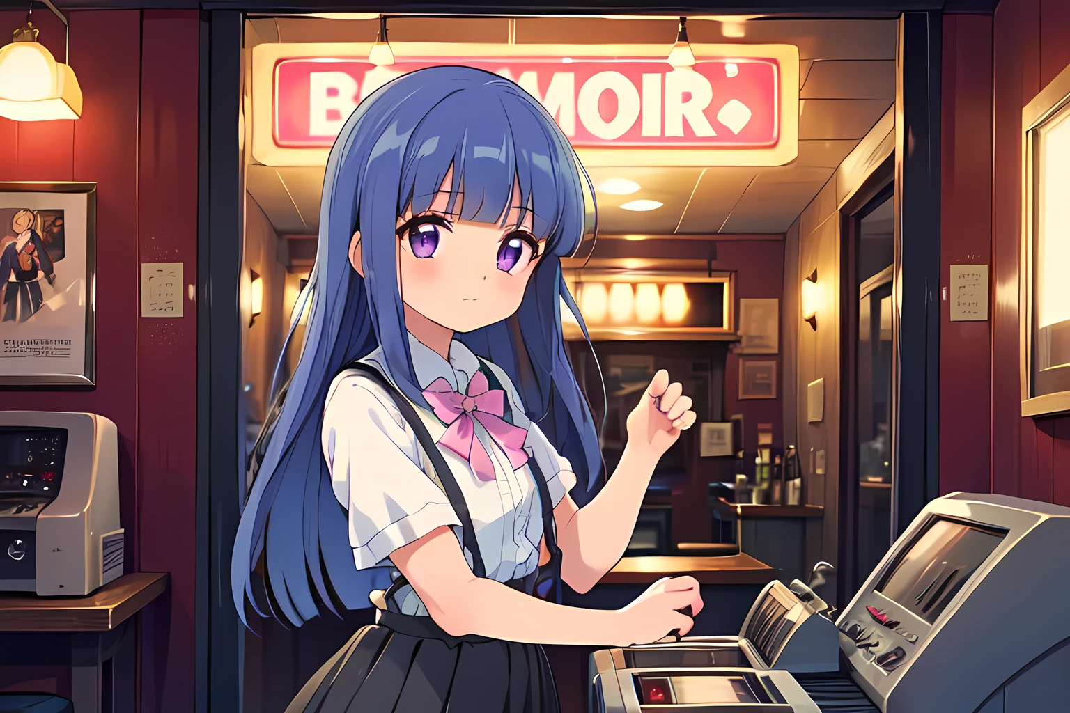 retro bar , Furude Rika, Blue Hair,  purple eyes, Long Hair, blunt bangs, bangs,  white shirt, Pink Ribbon, suspenders,  Black Skirt , Wooden counter, Rosy Lights , woman,  soft lighting ,  Old-fashioned Posters ,  Old Jukebox ,  Antique,  Warm Atmosphere 