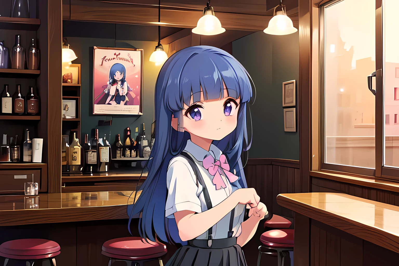 retro bar , Furude Rika, Blue Hair,  purple eyes, Long Hair, blunt bangs, bangs,  white shirt, Pink Ribbon, suspenders,  Black Skirt , Wooden counter, Rosy Lights , woman,  soft lighting ,  Old-fashioned Posters ,  Antique,  Warm Atmosphere 