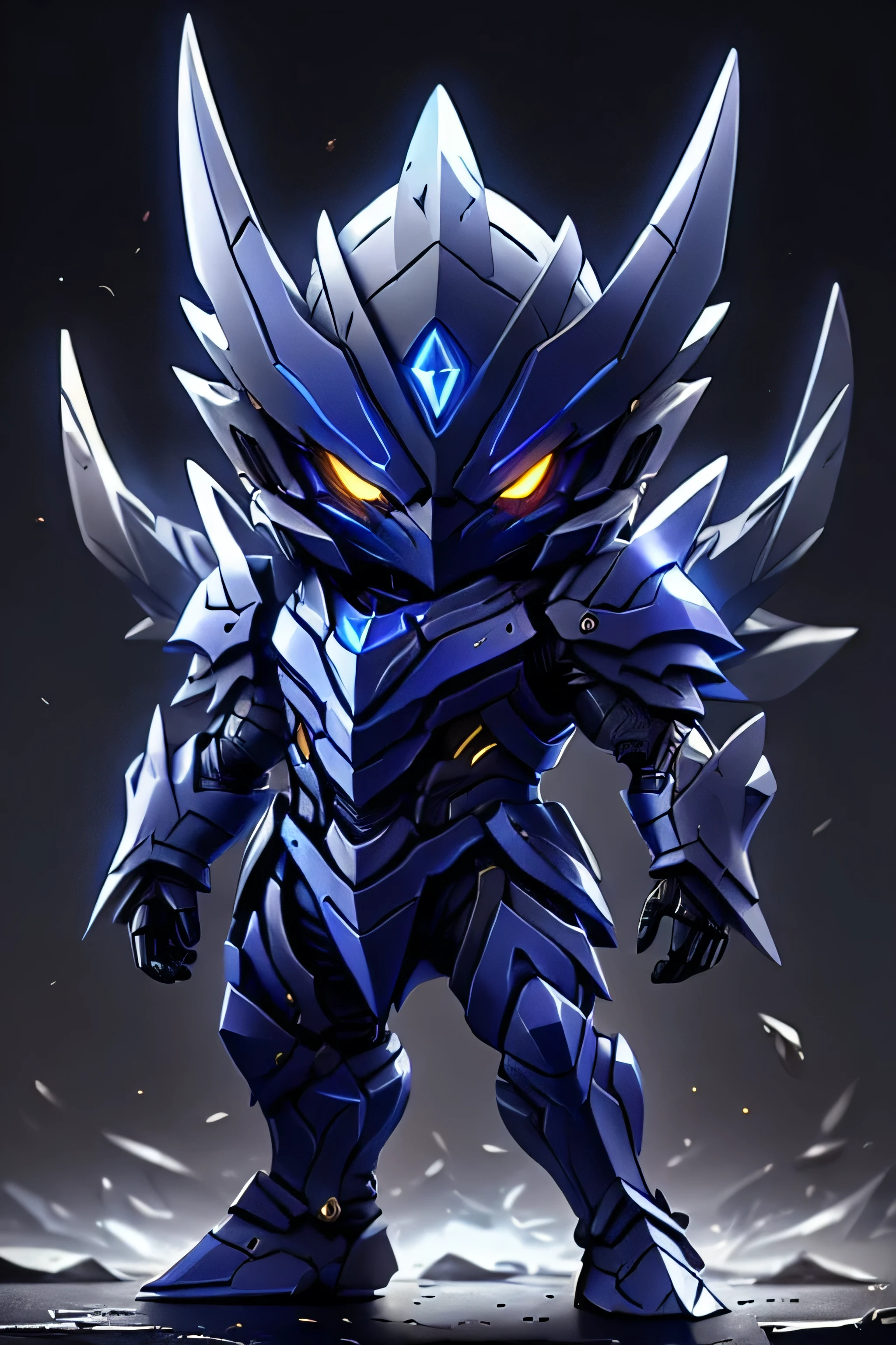 guchen,,chibi, gold eyes,,glowing,Sci-Fi,Neon Lights,Hyper Real,Photorealistic,16K,high detail,high resolution, ((dark blue armor)), articuno design, ((dark blue skin)), bird beak, ice symbol, dark blue wings, 