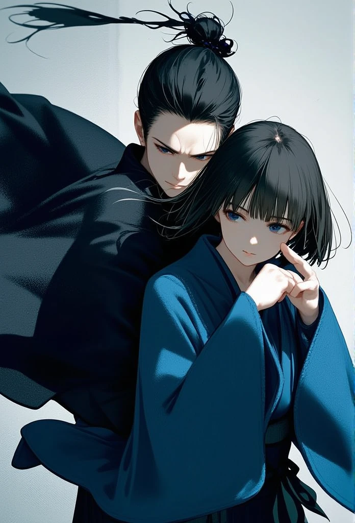 1boy and 1girl, original, original, 20-year-old man with a ponytail in a black kimono, shielding his  sister with a bob cut, wearing a blue kimono, protective stance, intense and focused expression, dynamic scene, blocking an attack, traditional Japanese setting, flowing fabric and loose sleeves, dramatic lighting, dark and intense atmosphere, wind blowing through, close-up angle, vivid contrast between black and blue, sense of urgency, protective and heroic posture, subtle motion blur, cinematic and powerful composition, tension in the air
, watercolor