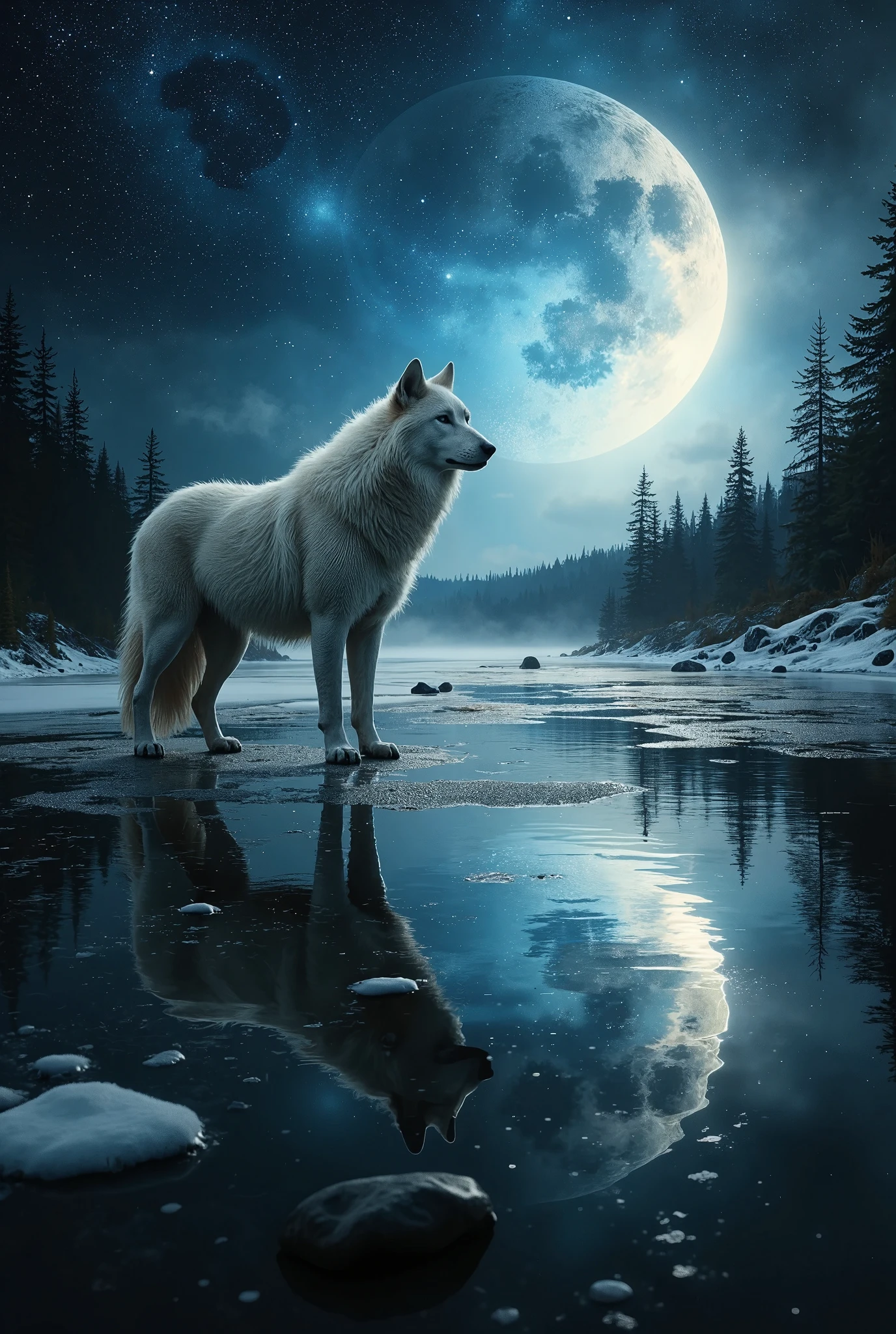 A high-fidelity, award-winning digital art masterpiece, depicting an exotic and mystical white dire wolf standing majestically on a frozen lake under a breathtaking starry sky. The dire wolf, larger and more imposing than any ordinary wolf, exudes an aura of raw power and ancient mysticism. Its pristine white fur shimmers under the ultra-luminous starlight, while its piercing eyes reflect a deep wisdom and strength. The wolf’s massive form stands tall and regal, commanding attention as it gazes over the tranquil landscape. The frozen lake is crystal clear, perfectly mirroring the dire wolf and the vast expanse of the star-filled sky above. This flawless reflection creates a sense of duality, as if the wolf is suspended between the earth and the heavens. The ultra-luminous stars twinkle brightly, casting a magical glow that bathes the entire scene in a soft, ethereal light. God Rays stretch from the horizon, adding to the mystical ambiance as they highlight the specular reflections on the ice. The surrounding clear sky is adorned with shimmering constellations and hints of the Milky Way, intensifying the otherworldly feel of the composition. Every detail—from the glowing stars to the powerful stance of the mystical dire wolf—is captured in ultra-high-definition clarity, creating a scene that blends the untamed power of nature with a deep sense of ancient magic and wonder. The frozen landscape and the ethereal reflection convey the perfect balance between the mystical and majestic, turning the dire wolf into a legendary figure standing at the edge of reality.