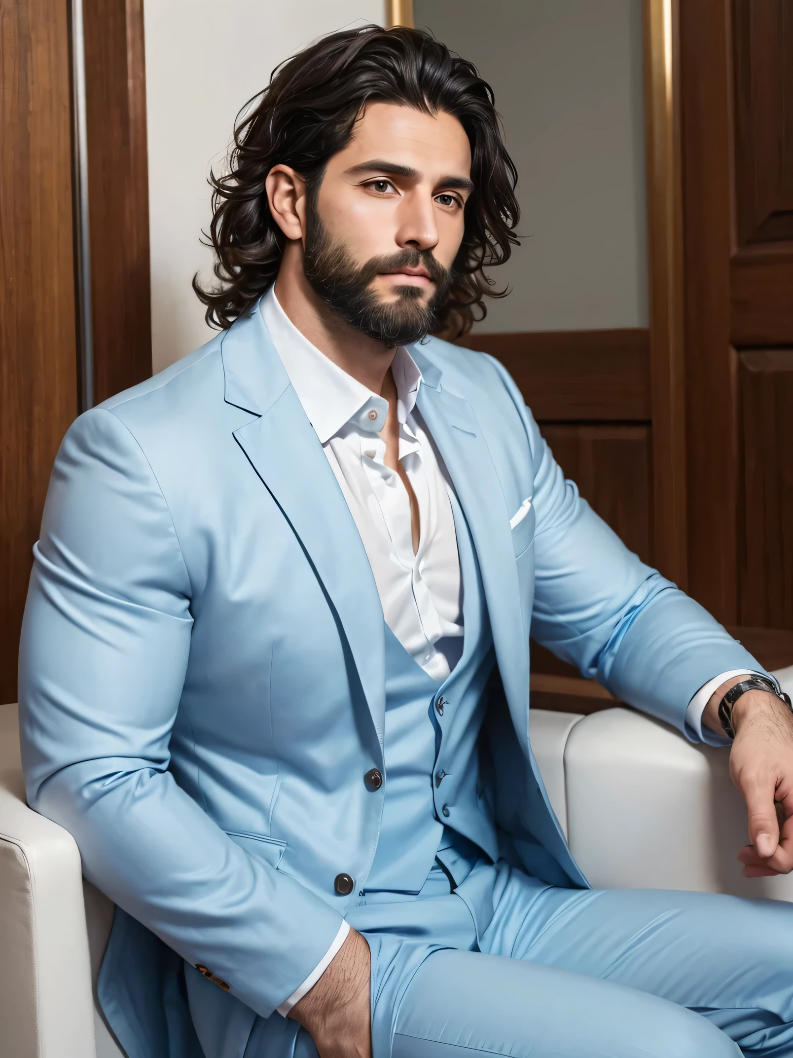 (photorealism:1.2), attractive male , Italian, 30 YEARS, entrepreneur,  with a beard and wavy black hair .  wears a light blue suit and white business shirt that is very tight to the body that enhances and highlights his toned physique