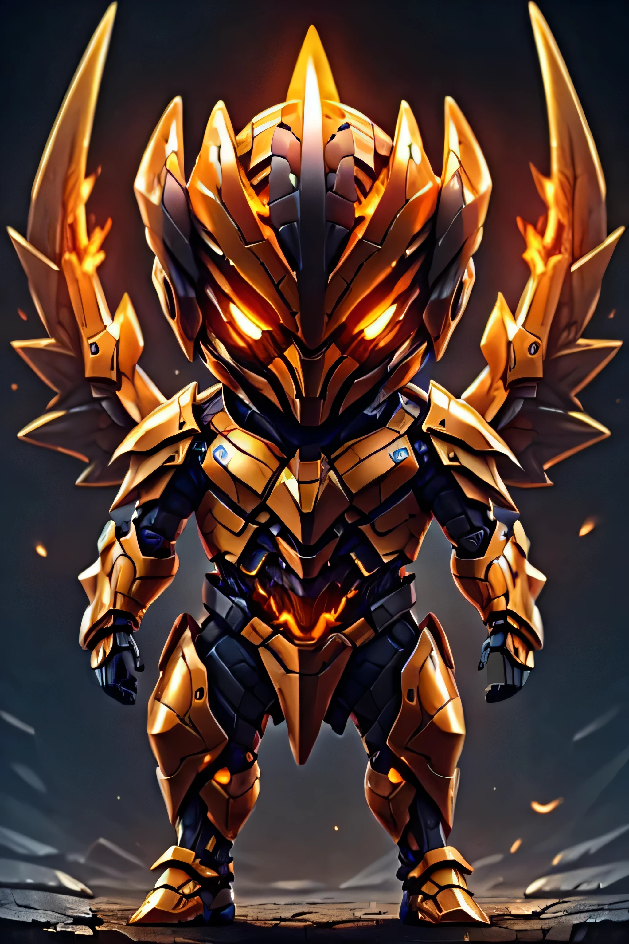 guchen,,chibi, gold eyes,,glowing,Sci-Fi,Neon Lights,Hyper Real,Photorealistic,16K,high detail,high resolution, ((dark orange armor)), moltres design, ((dark orange skin)), bird beak, fire symbol, dark orange wings, 