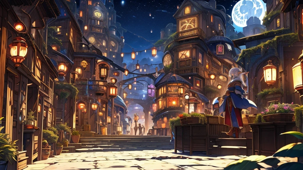 Traveler,  Fantasy World , City of Lanterns , night,  Lots of lanterns are lit,  medieval Europe, Stone Path,  Fantasy World with Buildings , A lively person々Traffic,  Elf Girl and Friends in the Middle of the Road ,  fantastic, beautiful, A delicate touch, 8k, beautiful