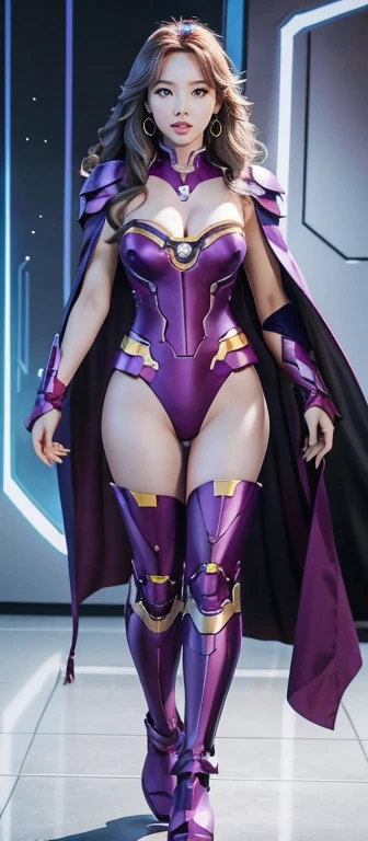 Full Body Photo. Studio Background. 8k HD good quality image. Nayeon has an ideal body, big breast, big butt, sexy wavy body, straight long hair, wearing a Purple Iron Man armor without the helmet. Purple Iron Man Pants. Purple Iron Man boots. Purple cape. FULL BODY FROM HEAD TO TOE. Standing in a FULL HEIGHT FROM HEAD TO TOE. The picture must show a complete head to toe picture of Nayeon