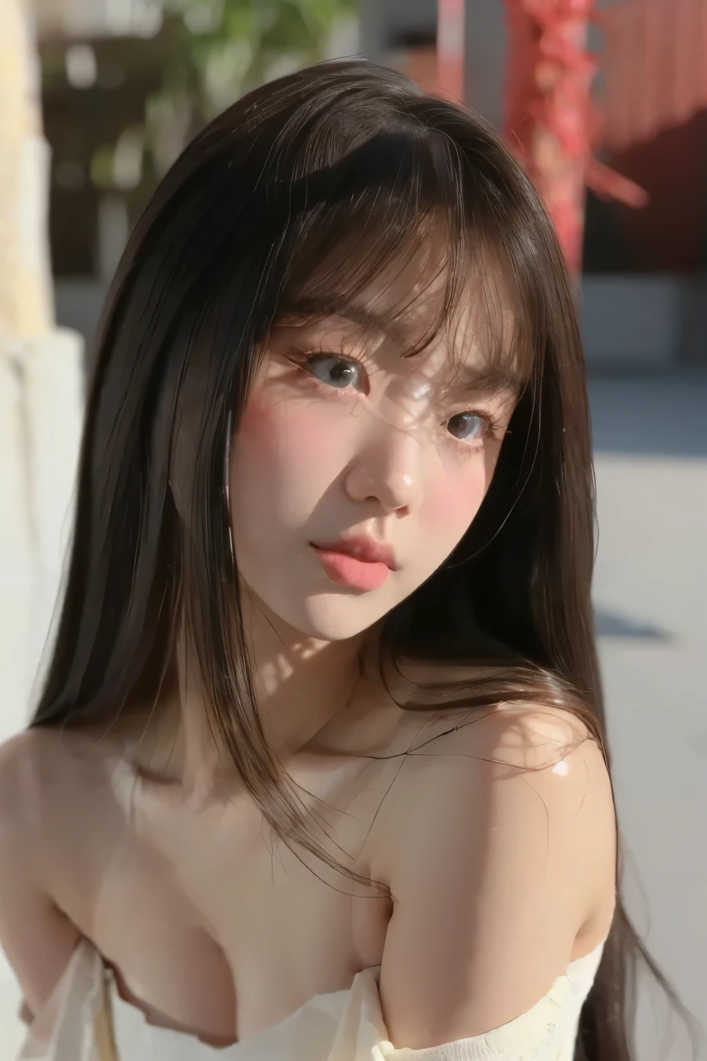 Beautiful woman with perfect body：1.4，Layered Hairstyle， Highly Detailed Facial and Skin Textures，Double eyelids，Skin Whitening，Long hair，Whitening long legs，red sexy lace，Standing on the street