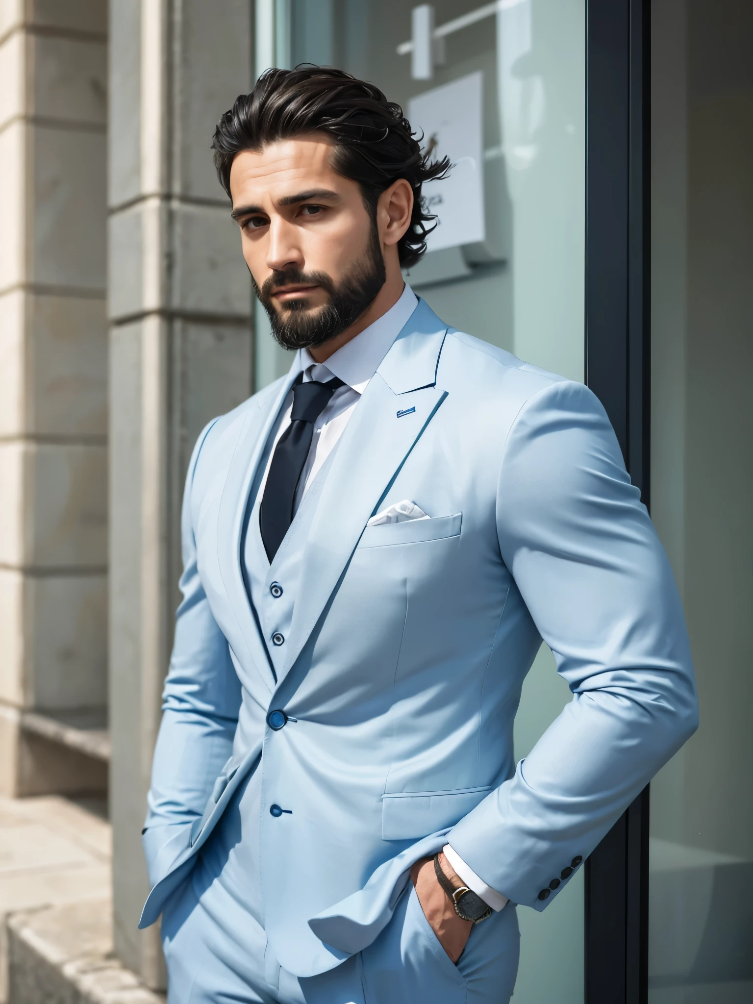 (photorealism:1.2), attractive male , Italian, 30 YEARS, entrepreneur,  with a beard and wavy black hair .  wears a light blue suit and white business shirt that is very tight to the body that enhances and highlights his toned physique