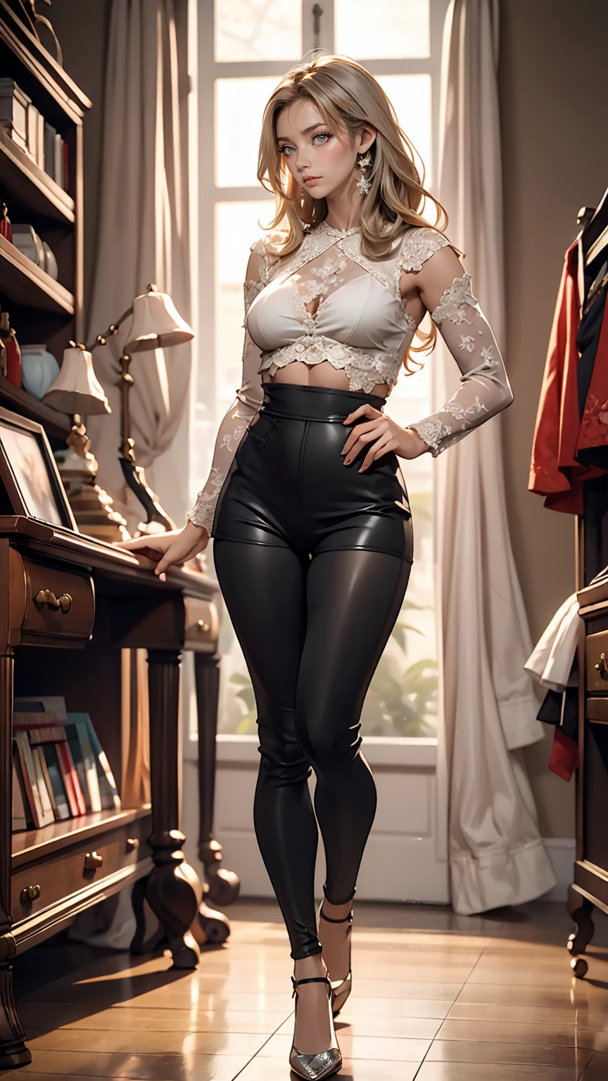 24 year old Caucasian female、Silver Hair、、long hair、Hair becomes wavy、Outstanding proportions、Wear a see-through blouse((The lace-decorated bra is visible through the fabric))、I can see my belly button、Wear low rise leggings、Wear stiletto heels