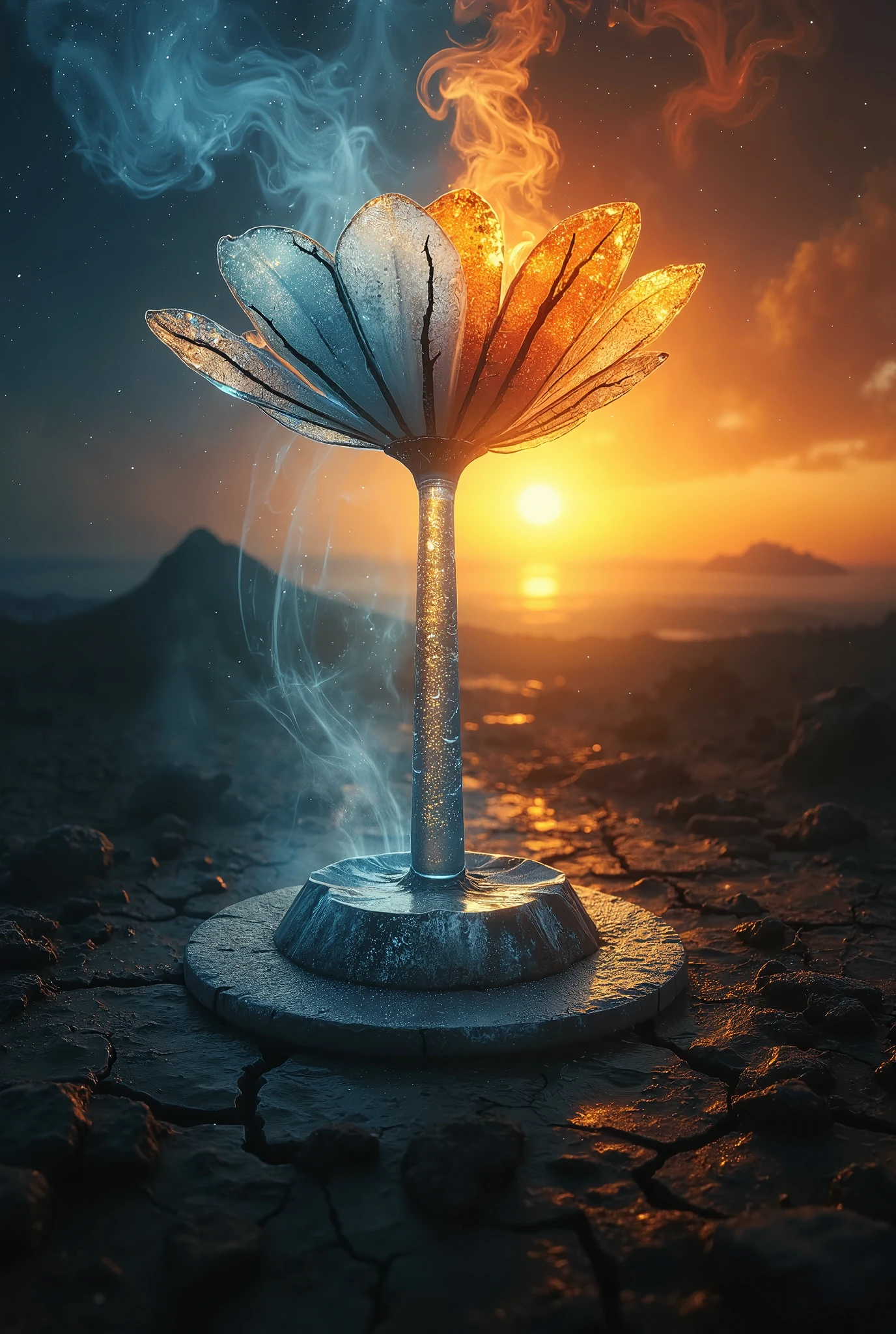 An award-winning digital masterpiece, depicting a strikingly beautiful frozen flower standing alone in the heart of a sun-scorched desert. Despite the searing heat, the delicate petals of the flower remain perfectly frozen, each petal encased in shimmering ice that glistens under the relentless desert sun. The flower, seemingly defying the laws of nature, emanates a soft, ethereal cold mist that swirls gently around its base, creating a surreal contrast against the barren, cracked earth. The frozen flower emits a faint, icy glow, and the mist it produces hangs in the air, drifting lazily in the scorching heat without ever dissipating. Sunlight beams down fiercely on the surrounding desert, casting long shadows and causing waves of heat to rise from the sand, but the flower remains untouched by the intense warmth, its crystalline form unmelting and pristine. The juxtaposition between the arid, burning desert and the flower’s cool, frozen state creates an atmosphere of pure wonder and impossibility. The sun’s golden rays reflect off the ice-covered petals, creating a dazzling display of light and shadow, as if the flower is glowing from within. The ground around the flower is dry and cracked, the parched earth a stark contrast to the flower’s vibrant, icy form. In the distance, heatwaves distort the horizon, but at the center of the image, the frozen flower stands as an elegant, fragile beacon of resilience and magic, seemingly unaffected by the harsh environment. The composition evokes a sense of awe, capturing the impossible balance between beauty, fragility, and defiance, where the frozen flower thrives in a place where nothing else should survive.