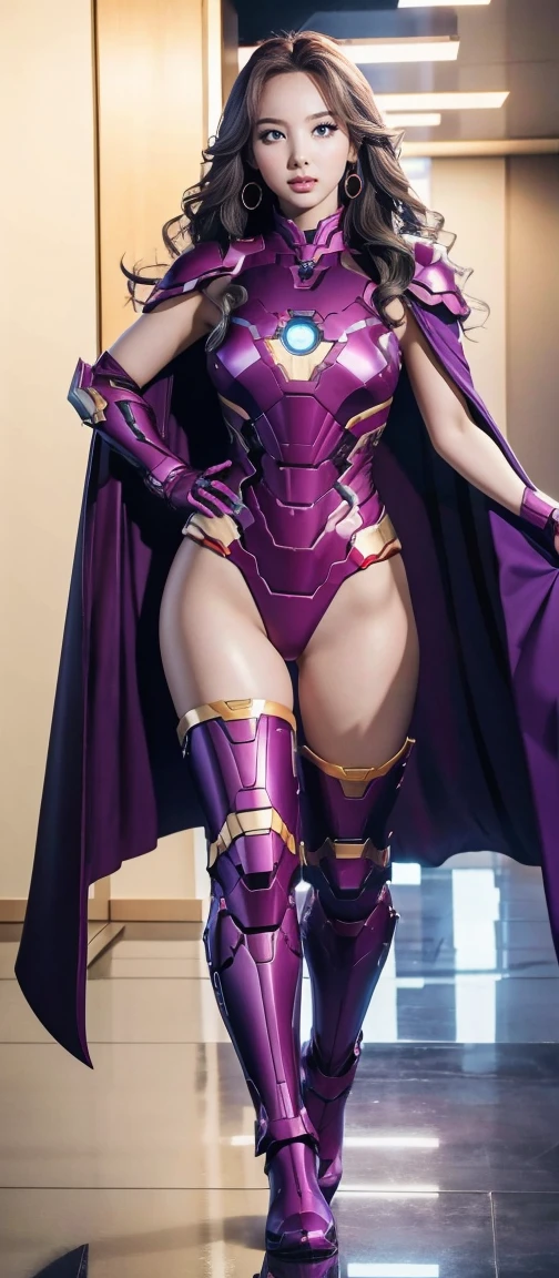 Accurate. Full Body Photo. Studio Background. 8k HD good quality image. Nayeon has an ideal body, big breast, big butt, sexy wavy body, straight long hair, wearing a Purple Iron Man armor without the helmet. Purple Iron Man Pants. Purple Iron Man boots. Purple cape. FULL BODY FROM HEAD TO TOE. Standing in a FULL HEIGHT FROM HEAD TO TOE. The picture must show a complete head to toe picture of Nayeon