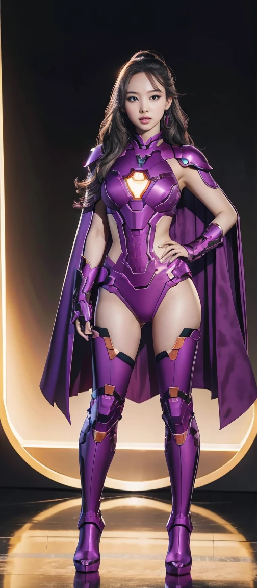 Accurate. Full Body Photo. Studio Background. 8k HD good quality image. Nayeon has an ideal body, big breast, big butt, sexy wavy body, straight long hair, wearing a Purple Iron Man armor without the helmet. Purple Iron Man Pants. Purple Iron Man boots. Purple cape. FULL BODY FROM HEAD TO TOE. Standing in a FULL HEIGHT FROM HEAD TO TOE. The picture must show a complete head to toe picture of Nayeon