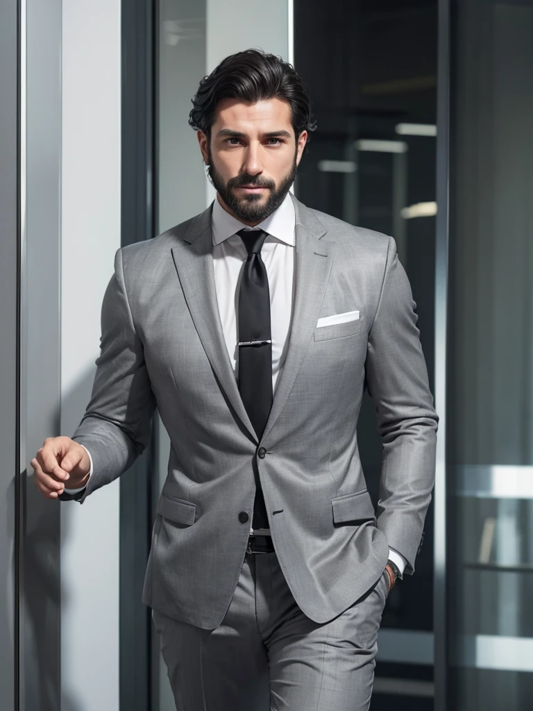 (photorealism:1.2), attractive male , Italian, 30 YEARS, entrepreneur, with a beard and wavy black hair . He wears a light gray business suit and a white business shirt that is very tight to the body, which enhances and highlights his toned physique.