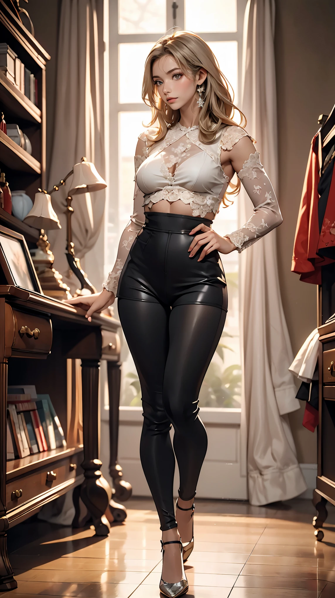 A 24-year-old Caucasian woman、 silver hair 、 、 Long hair、 My hair is becoming wavy 、Excellent proportions、 Put on a transparent jumpsuit , without panties, without underwear, decorated with lace .、 My chest is visible through my skin 、I see my navel .、Wear low leggings、 Wear high-heeled shoes 、 cowboy shot、 sex position