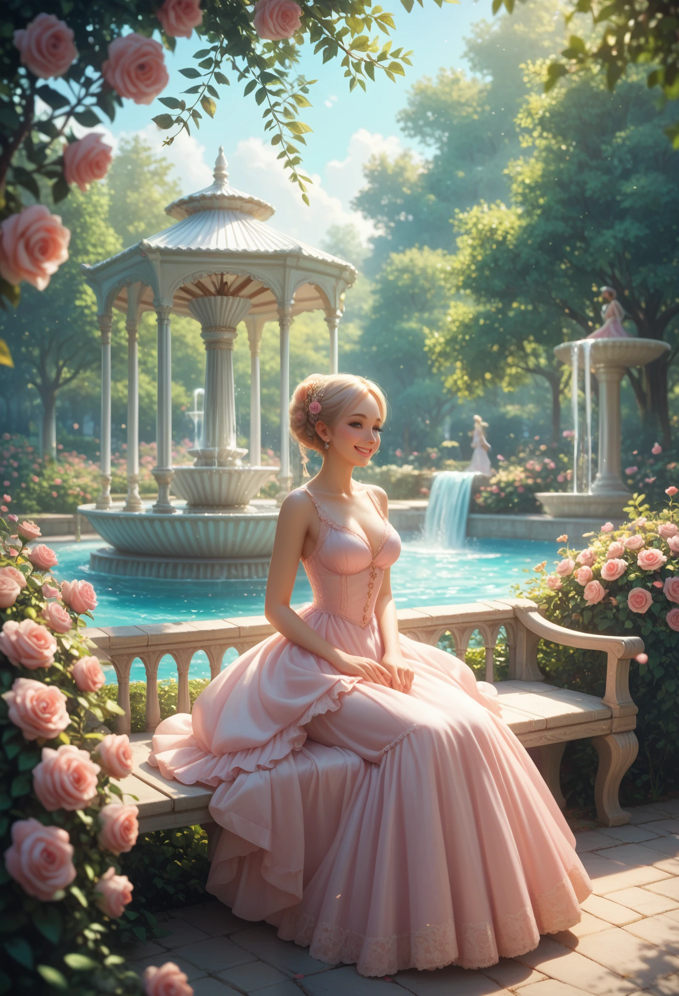 Girl Smile ,  Dress Woven with Roses ,  Sits near the Fountain on a bench ,  Gazebo Beautiful Lawn View , Small Trees,  Very Detailed and Detailed Background , bright colors, masterpiece,  Maximum Quality , Game of Shadows, 8 k, 