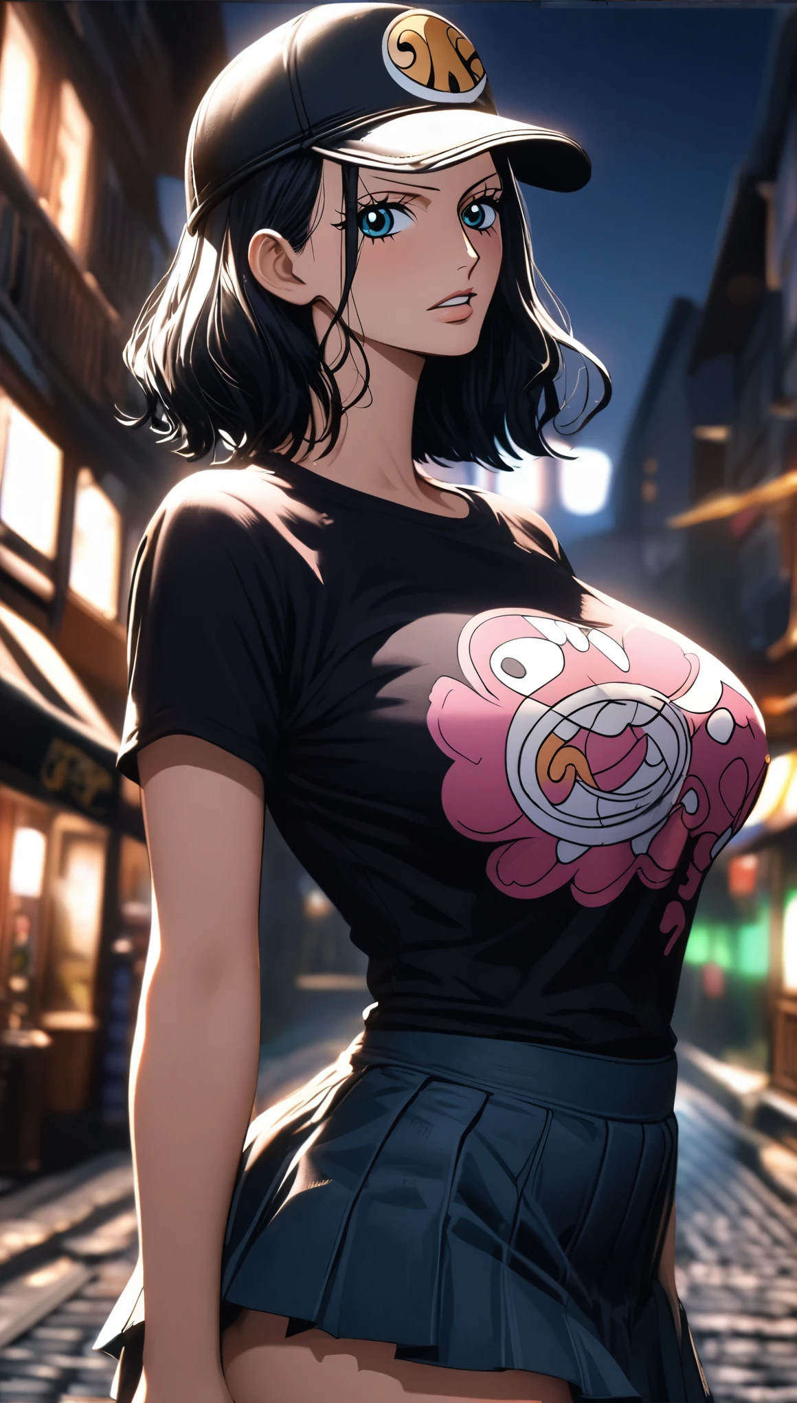 masterpiece, best quality, intricate details, 1 girl, woman, black hair, nico robin \ (one piece\), (bob cut), baseball cap, t-shirt, pleated skirt, female focus, large breast, looking at viewer, ((side view)) ((close up shot)) ((solo)) ((hair slicked back)) detailed, very high resolution, no blurry image, cowboy shot, blue eyes, straight hair, ((nico robin from one piece)) ((female nico robin from one piece)), outdoors, street, night